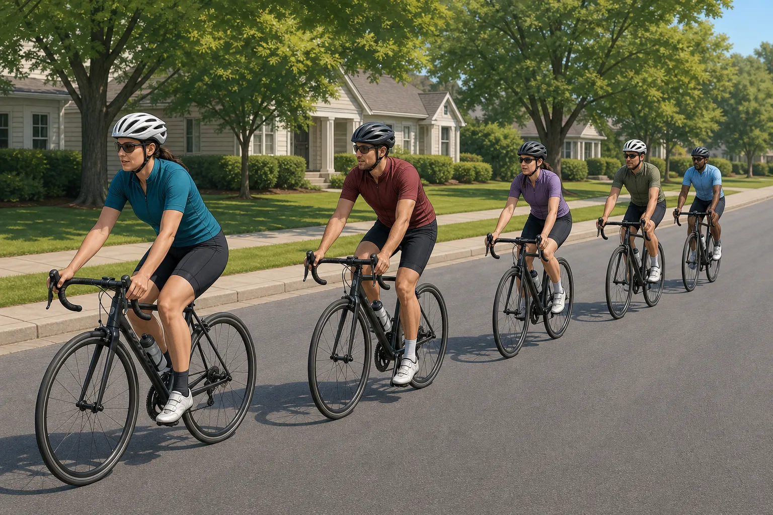 A beginner road-cycling group rides single file on a quiet street with steady spacing and no overlapping wheels