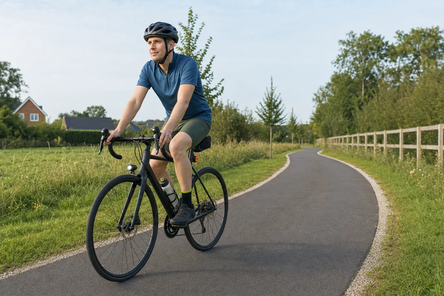A beginner road cyclist rides at an easy pace on a quiet separated path with a helmet, lights, water bottle, and small saddle bag