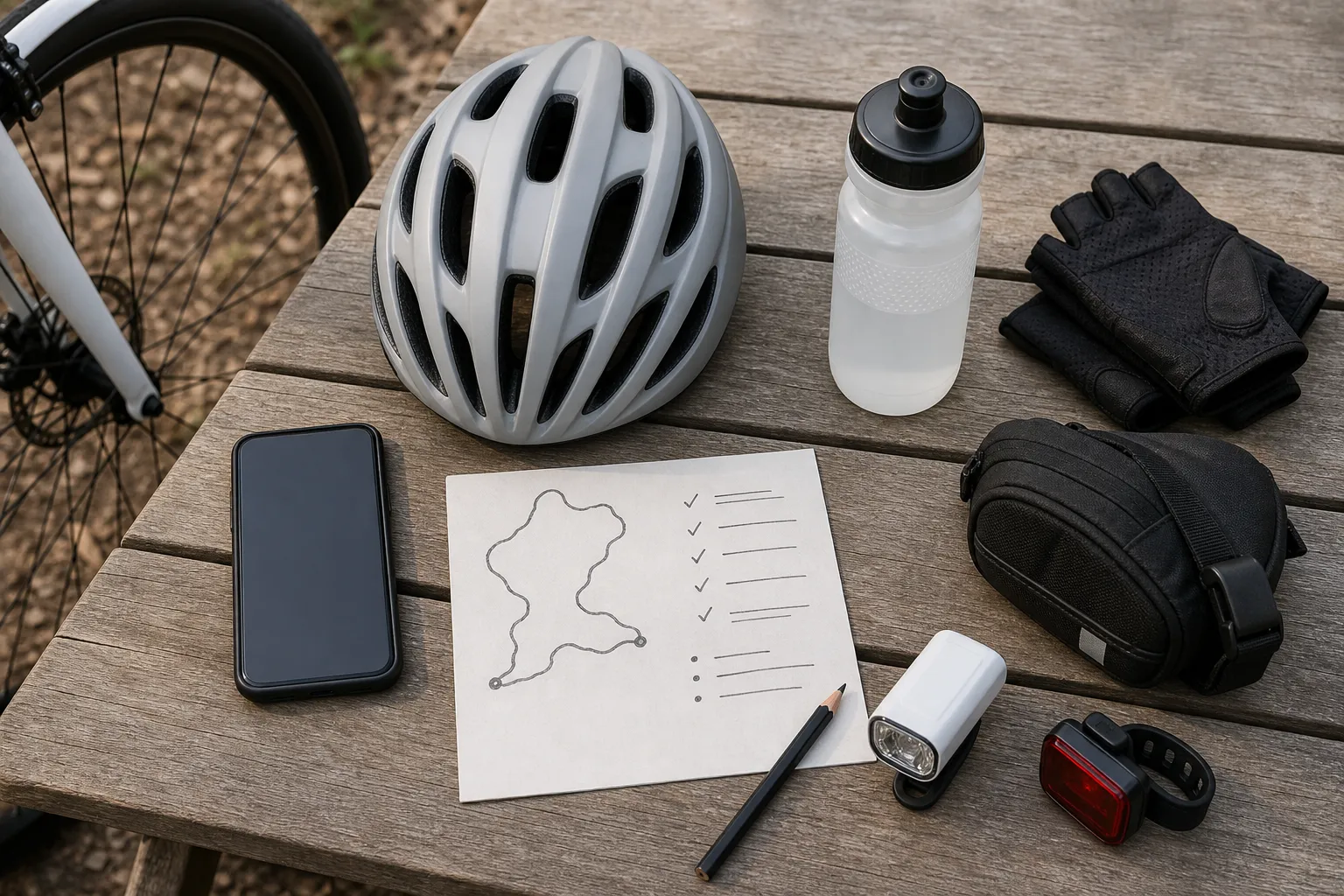 A helmet, water bottle, gloves, saddle bag, bike lights, phone, pencil, and simple route card arranged after a beginner road ride