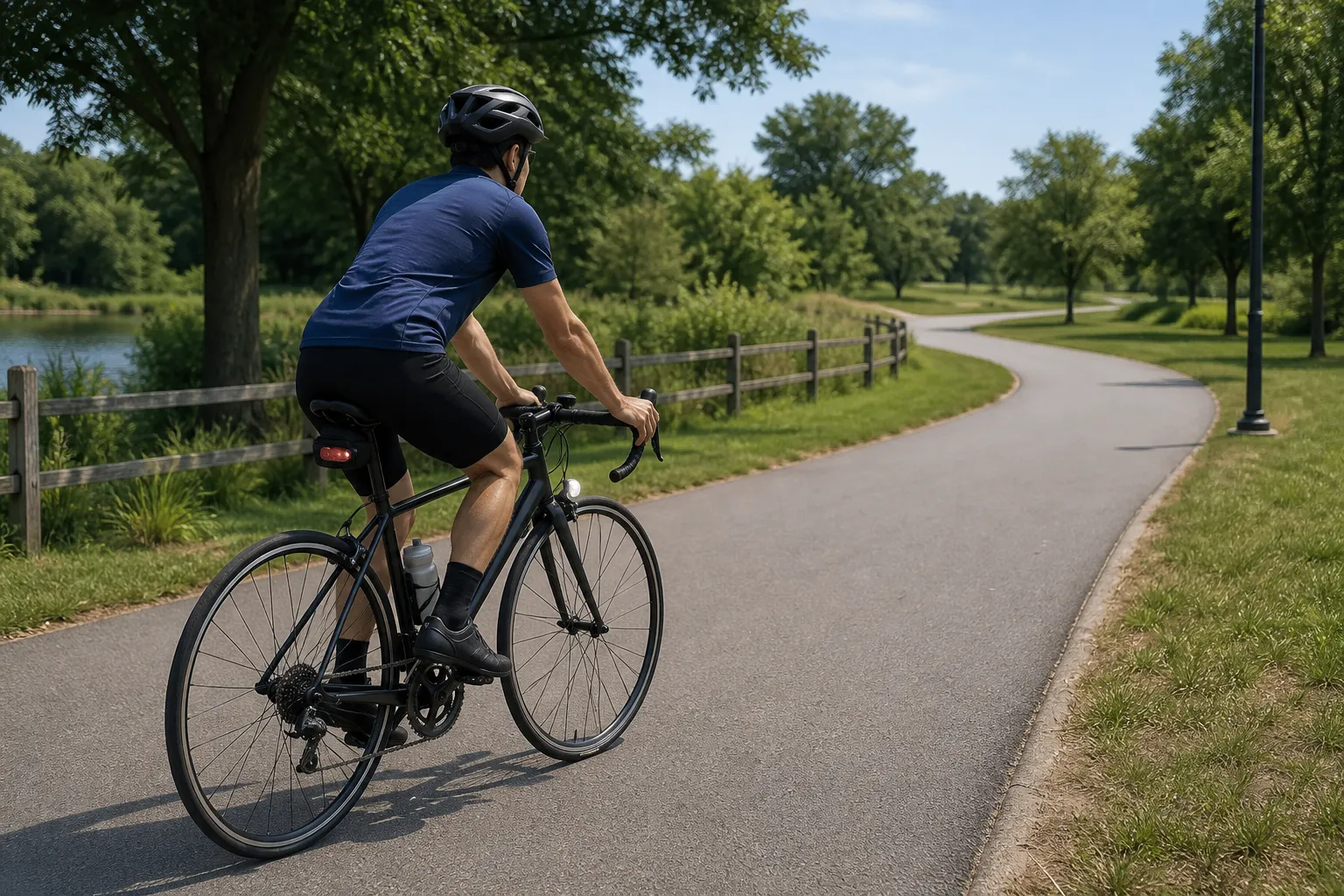 A beginner road cyclist rides at an easy pace on a quiet paved park loop with helmet, lights, water bottle, and saddle bag