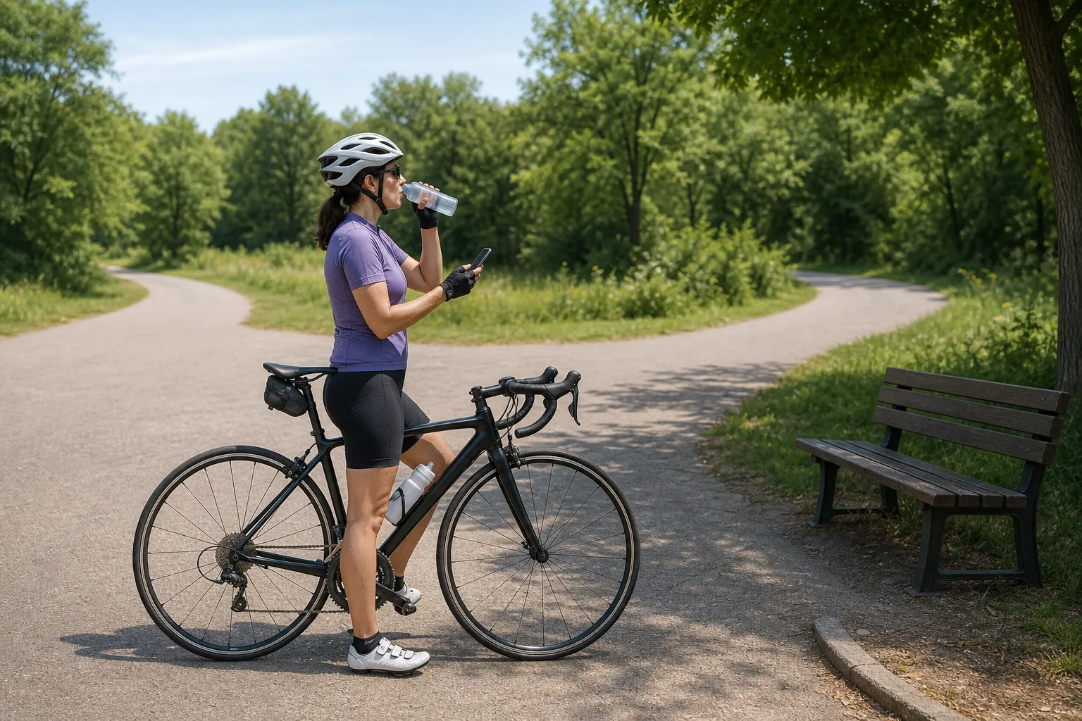 A helmeted beginner road cyclist stands safely beside a road bike at a quiet path junction, drinking water and checking a phone before turning around