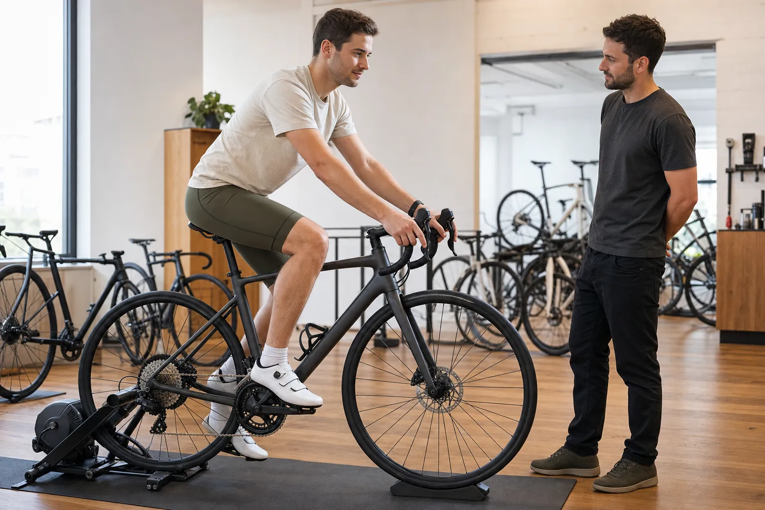 A beginner tests a road bike on a stationary trainer while a shop fitter observes the rider's reach, shoulder position, and knee bend