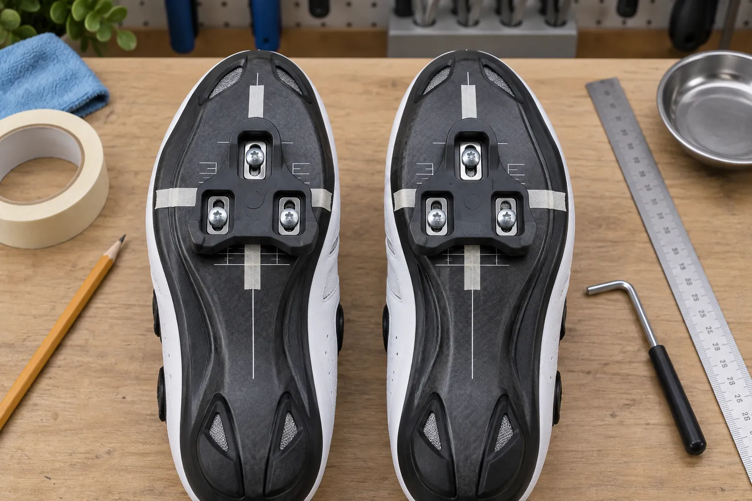 Two road cycling shoes lie sole-up with three-bolt cleats, removable alignment tape, a ruler, pencil, and hex key on a workbench