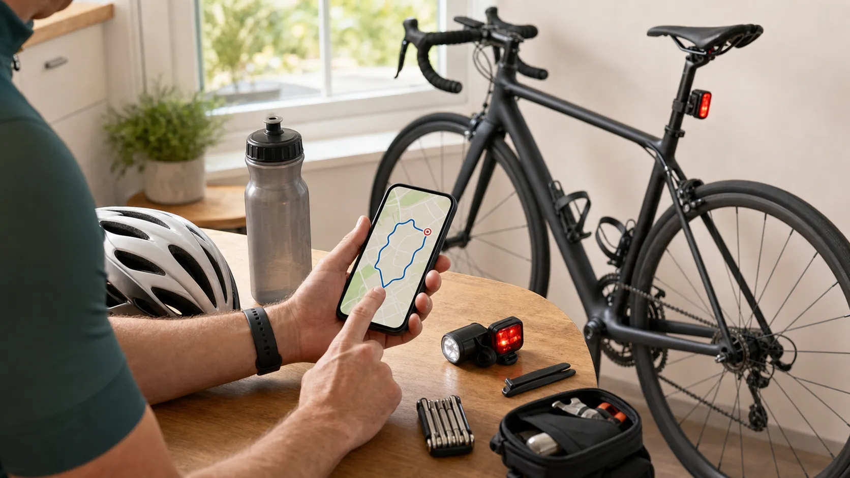 A beginner road cyclist checks a simple route on a phone beside a road bike, helmet, lights, water bottle, and repair kit before leaving home