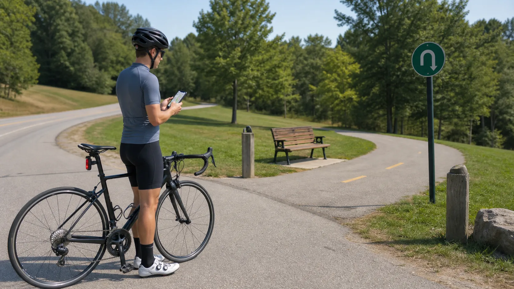 A helmeted road cyclist stands off the road beside a drop-handlebar bike at a quiet paved turnaround point while checking a phone