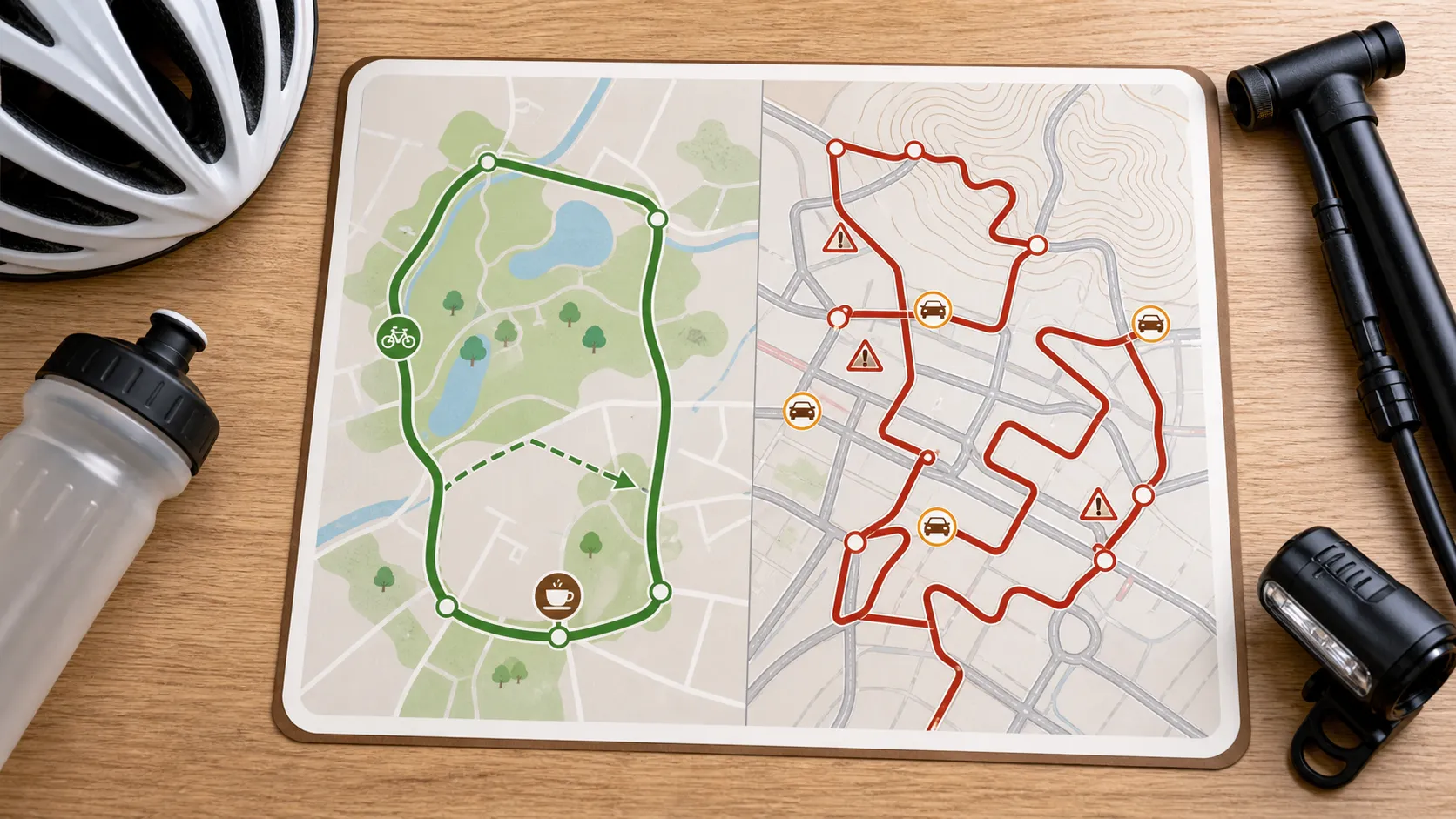 A route-planning map compares a short quiet loop with green space and a bailout shortcut against a longer route with many turns, hills, warning symbols, and car icons