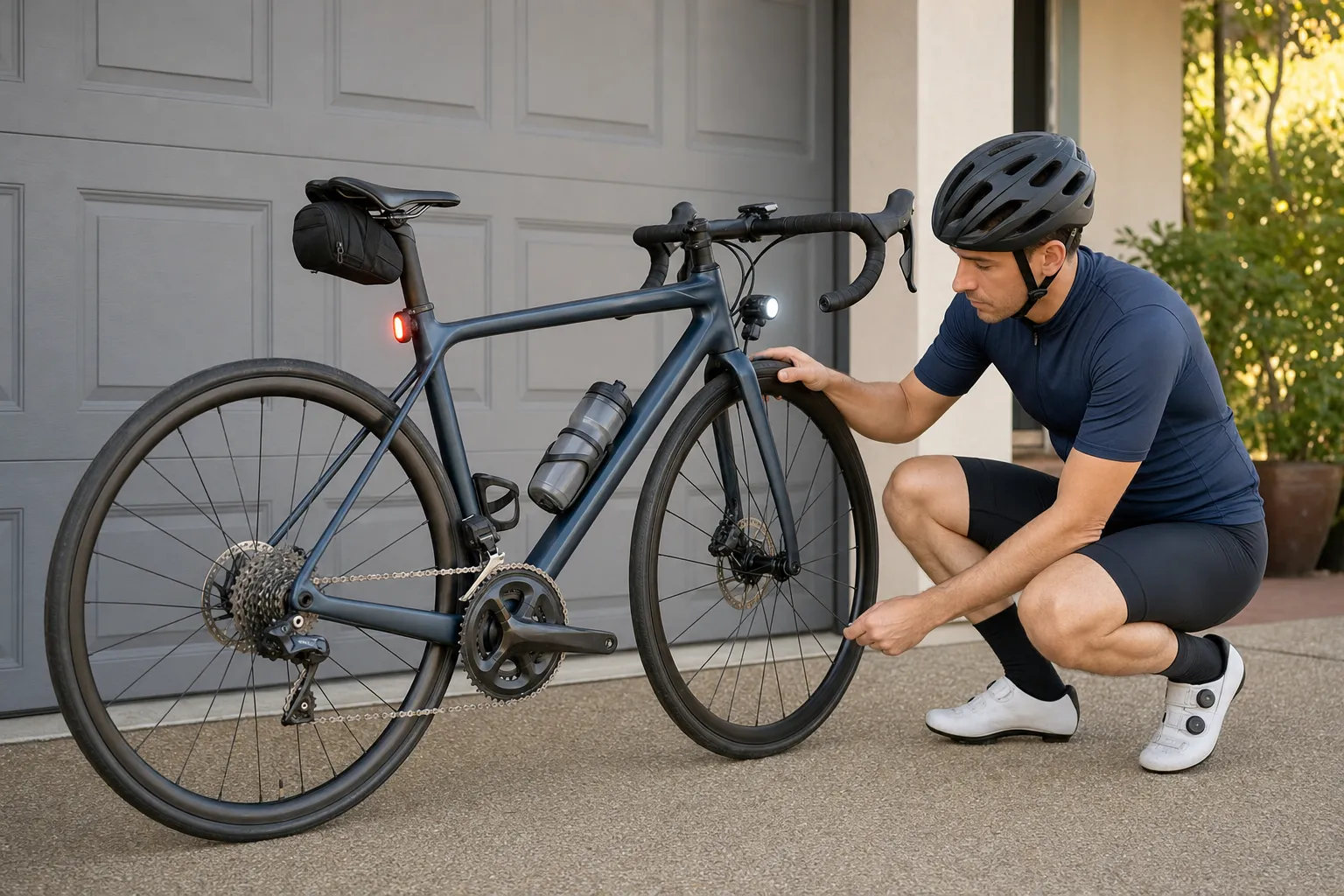 A helmeted beginner road cyclist checks a drop-handlebar road bike before a ride, with tyres, brakes, chain, lights, water bottle, and saddle bag visible