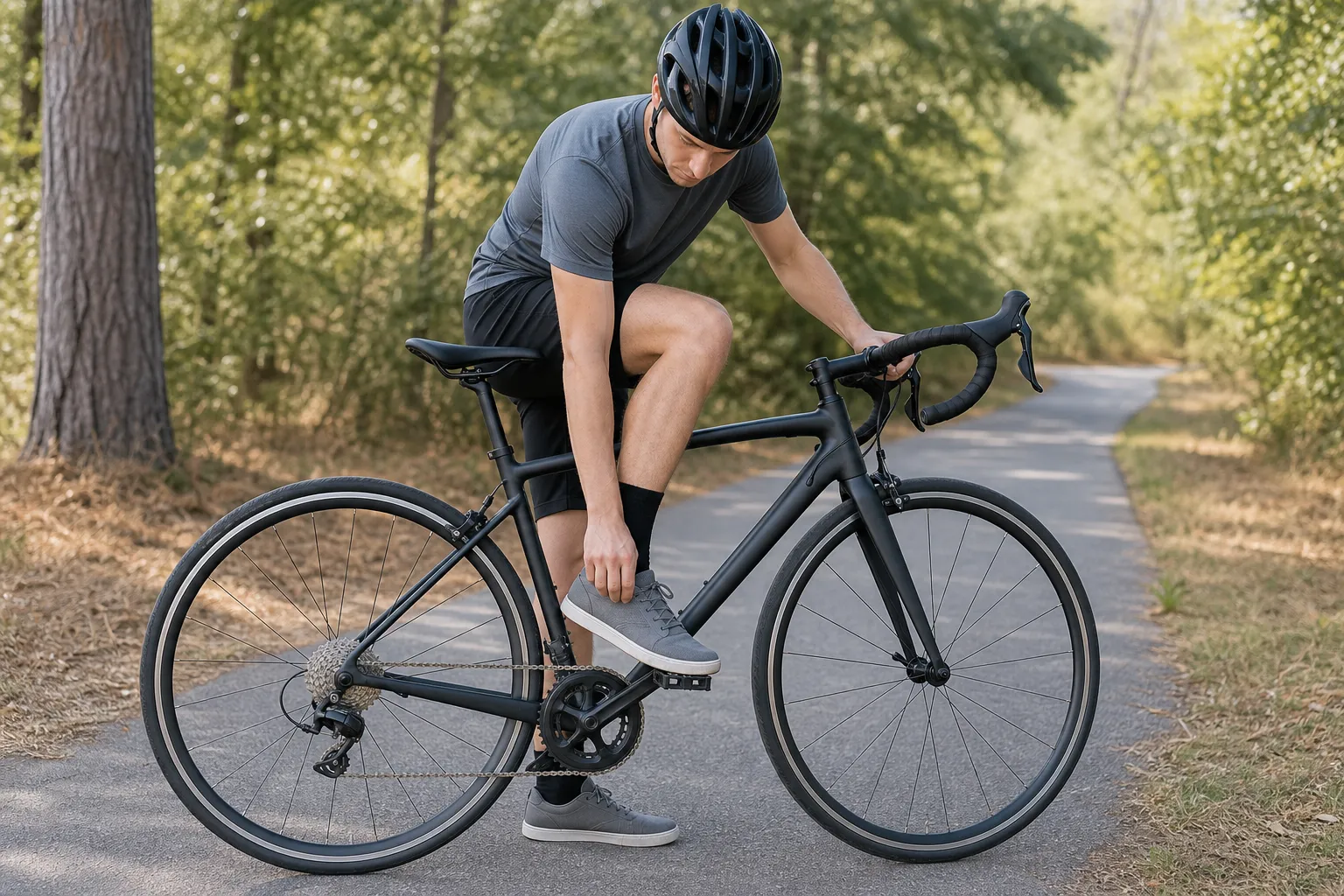 A beginner road cyclist on a paved path using flat platform pedals with standard sports footwear