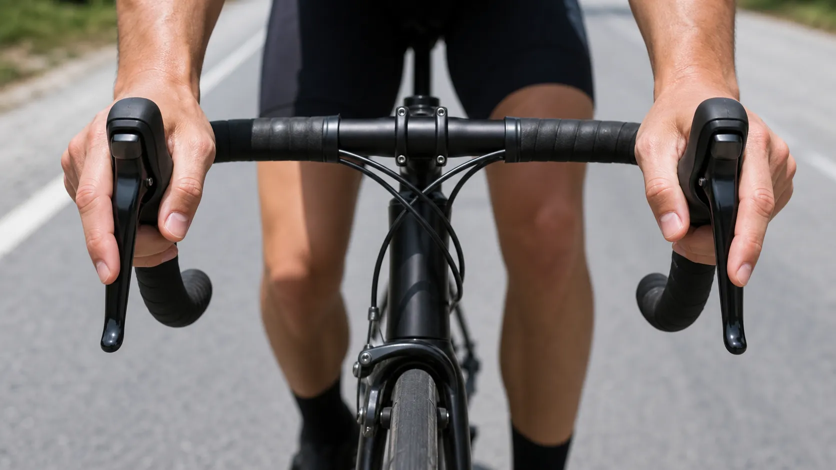 Close view of a road-bike cockpit with a rider's hands on the brake hoods and fingers resting on both brake levers for a gradual squeeze