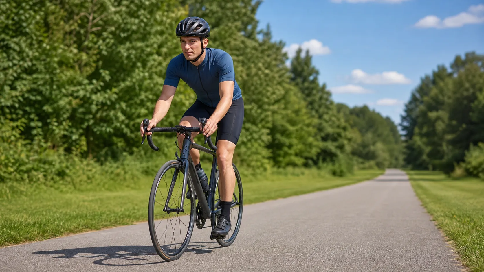 A beginner road cyclist wearing a helmet practises controlled braking on a quiet paved path with both hands on the brake hoods