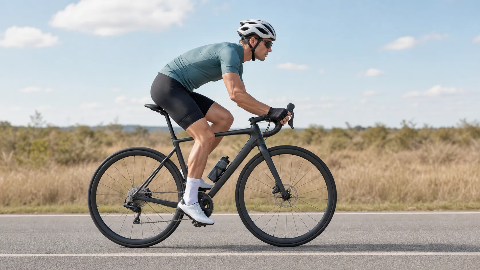 Side view of a road cyclist braking in a straight line with hips slightly back, elbows bent, and both hands on the brake hoods