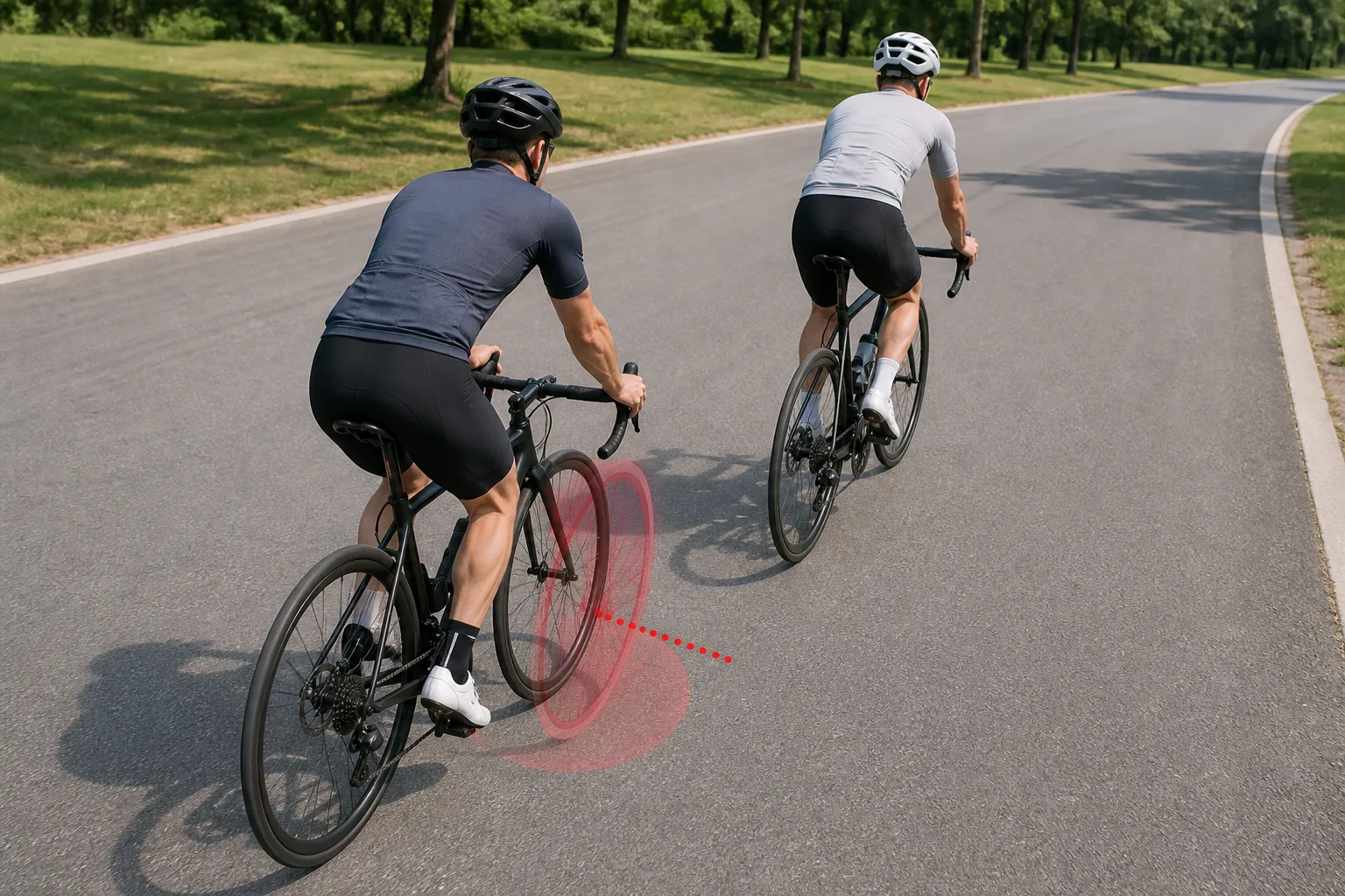 Two road cyclists ride in line with the rear rider offset safely behind, while a translucent red wheel outline shows the unsafe overlapping position to avoid
