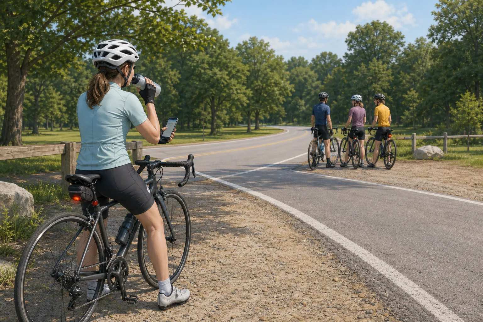 A beginner road cyclist stops safely at a roadside pull-off with a phone and water while the group waits farther ahead off the traffic line