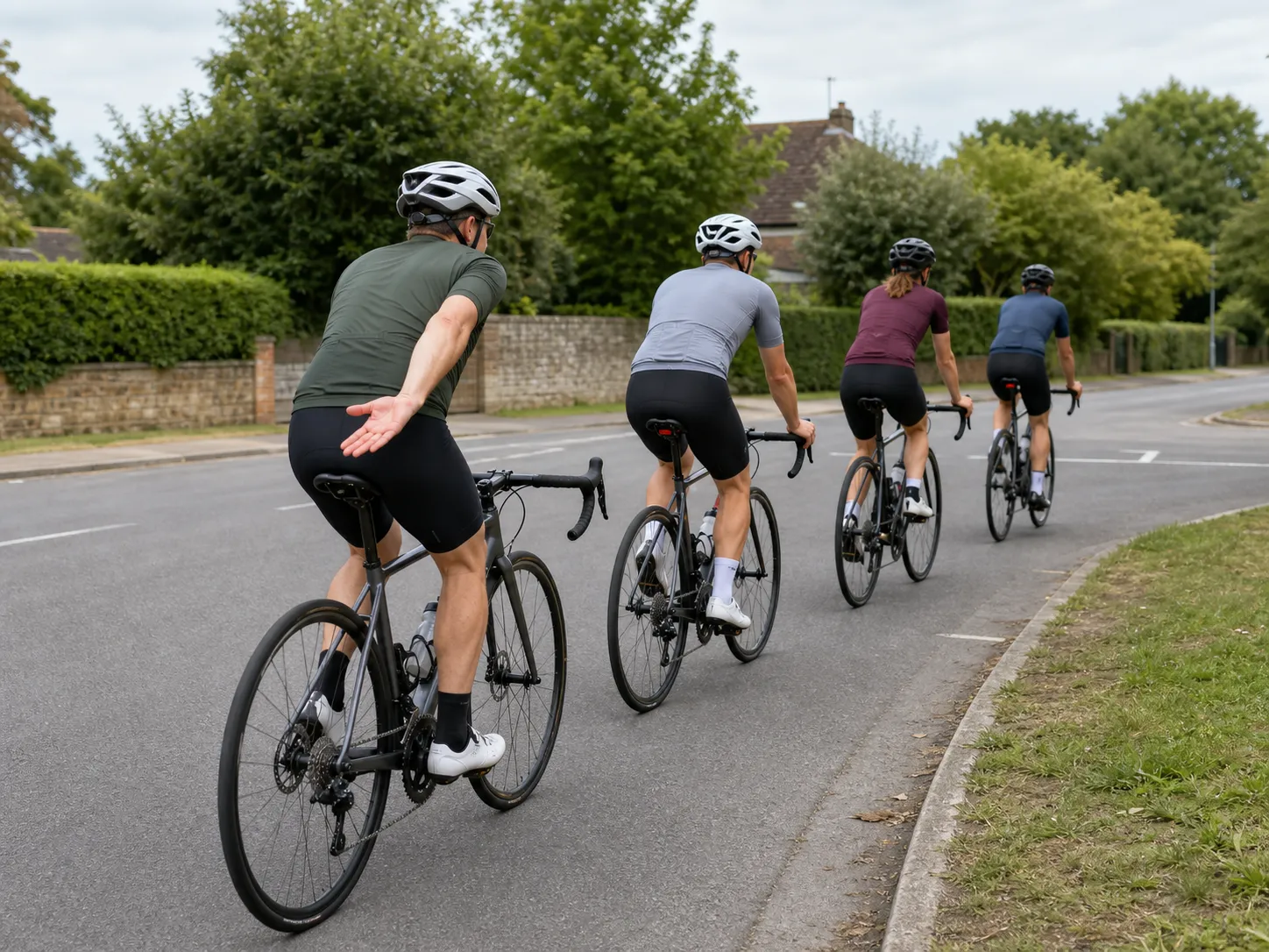 A small beginner road-cycling group rides single file while a helmeted rider gives an open-palm slowing signal behind the back on a quiet road