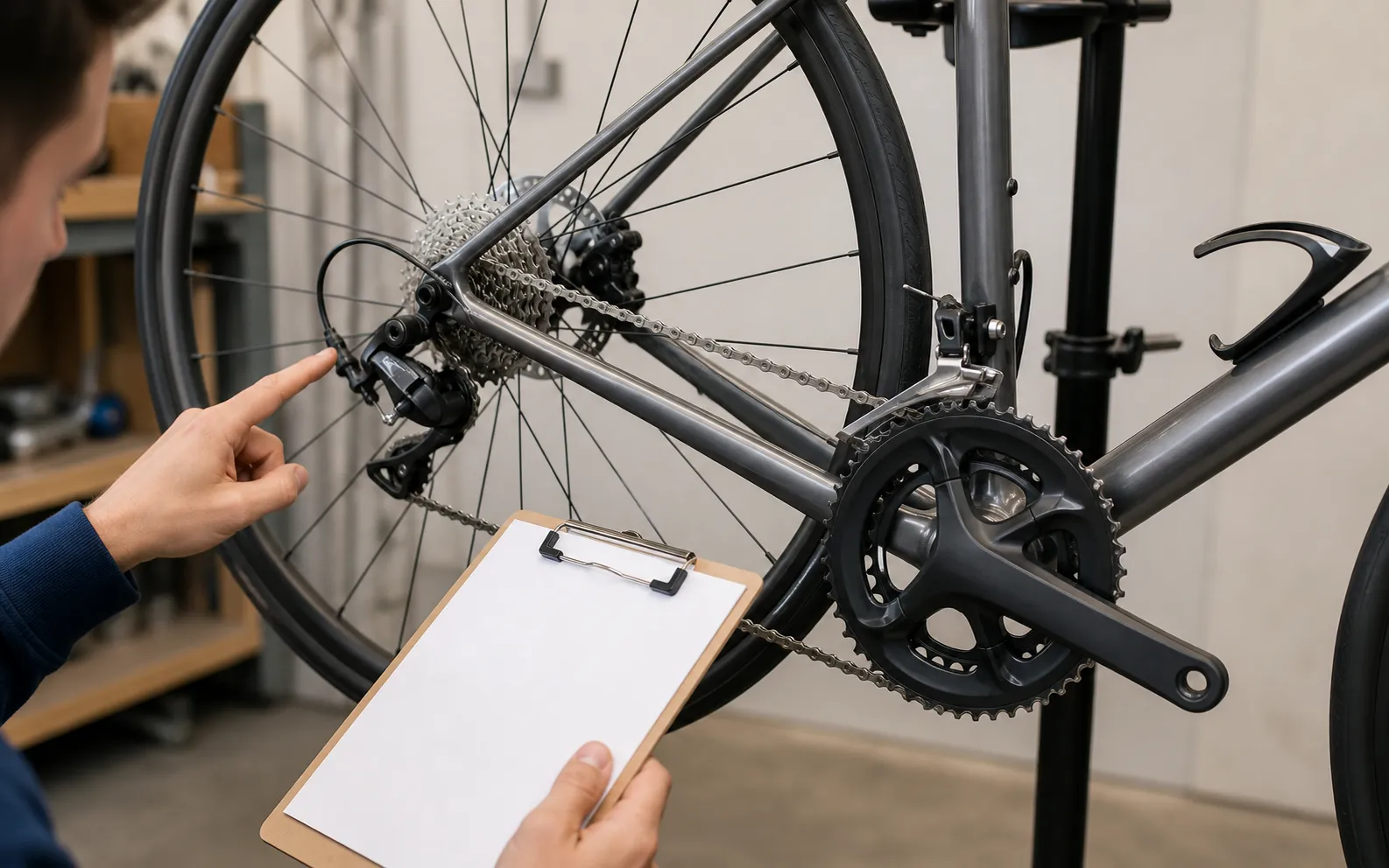 A beginner points at the rear derailleur and cassette on an unbranded road bike while holding a blank checklist in a workshop