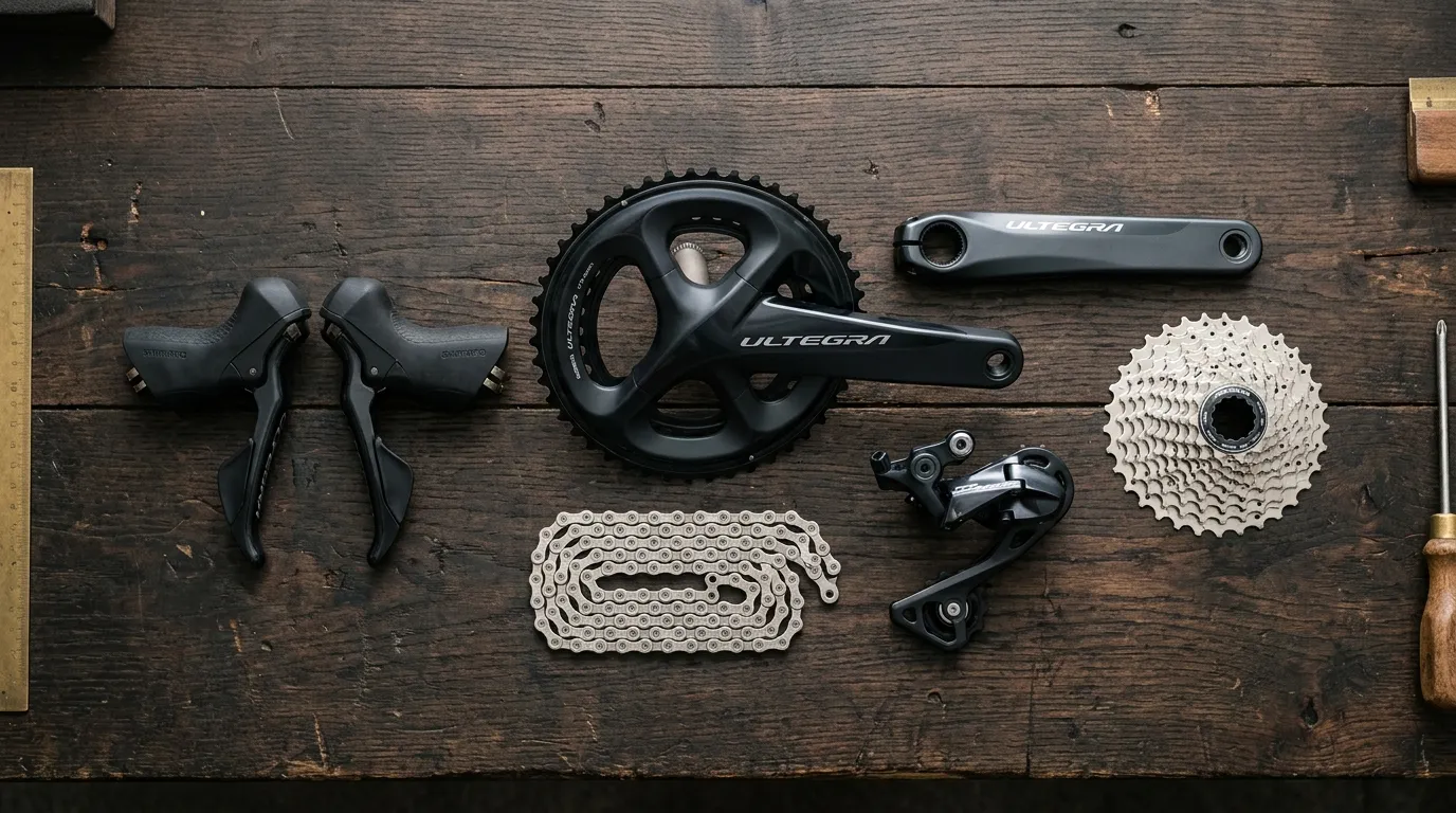 Shimano road groupset hierarchy comparison showing Claris, Tiagra, and 105 components side by side