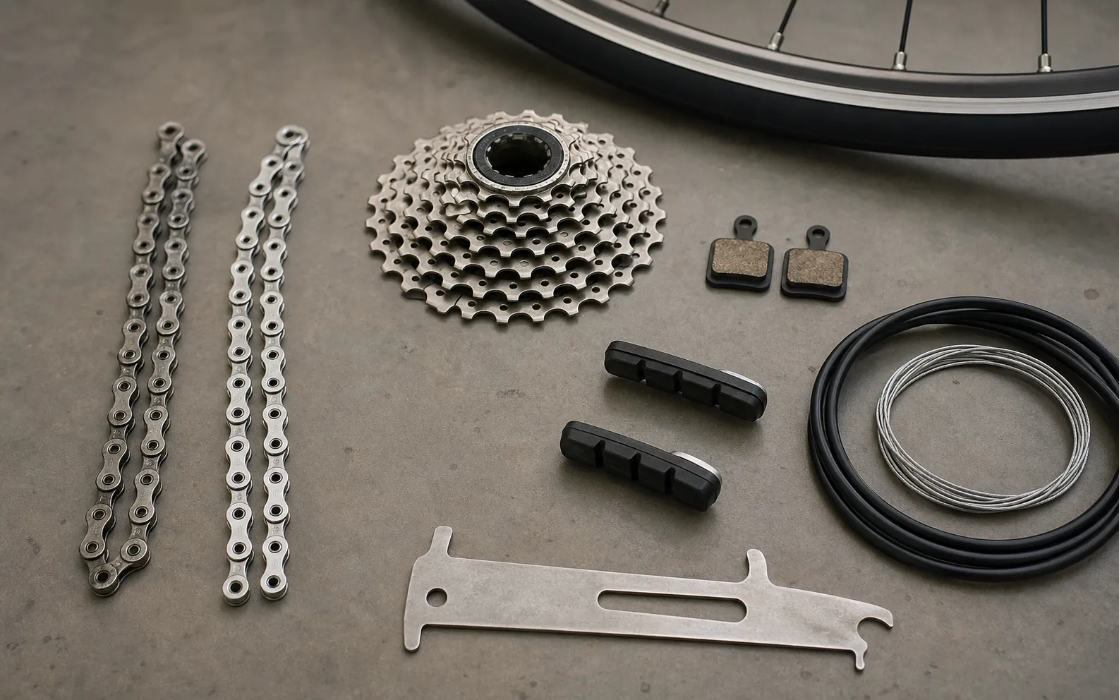 Road bike wear parts on a workbench, including used and new chains, a cassette, disc brake pads, rim brake pads, cable housing, and a chain checker tool