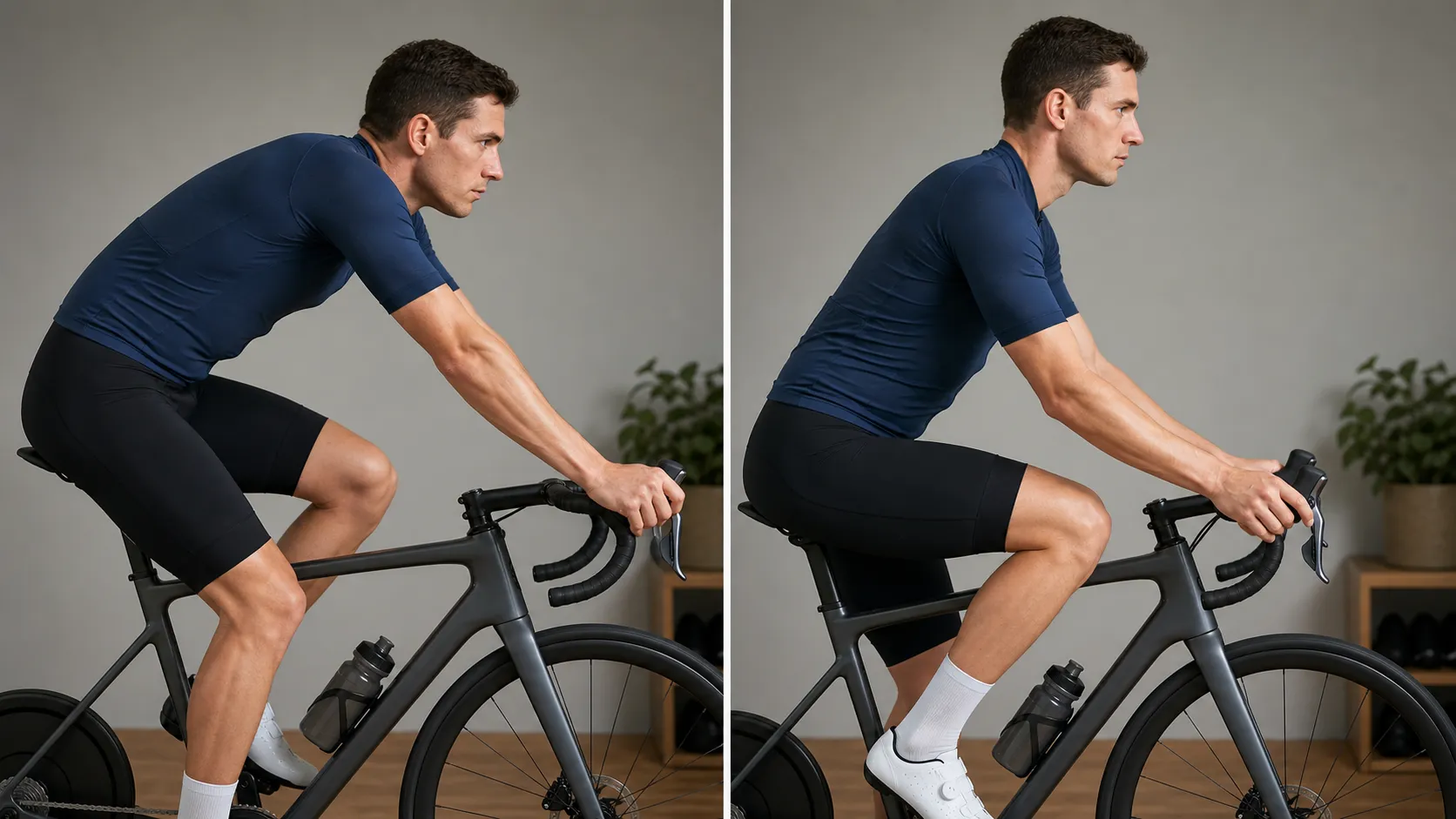 Two side-by-side road-bike positions comparing locked elbows and forward reach with a calmer position using relaxed hands, slight elbow bend, and neutral shoulders