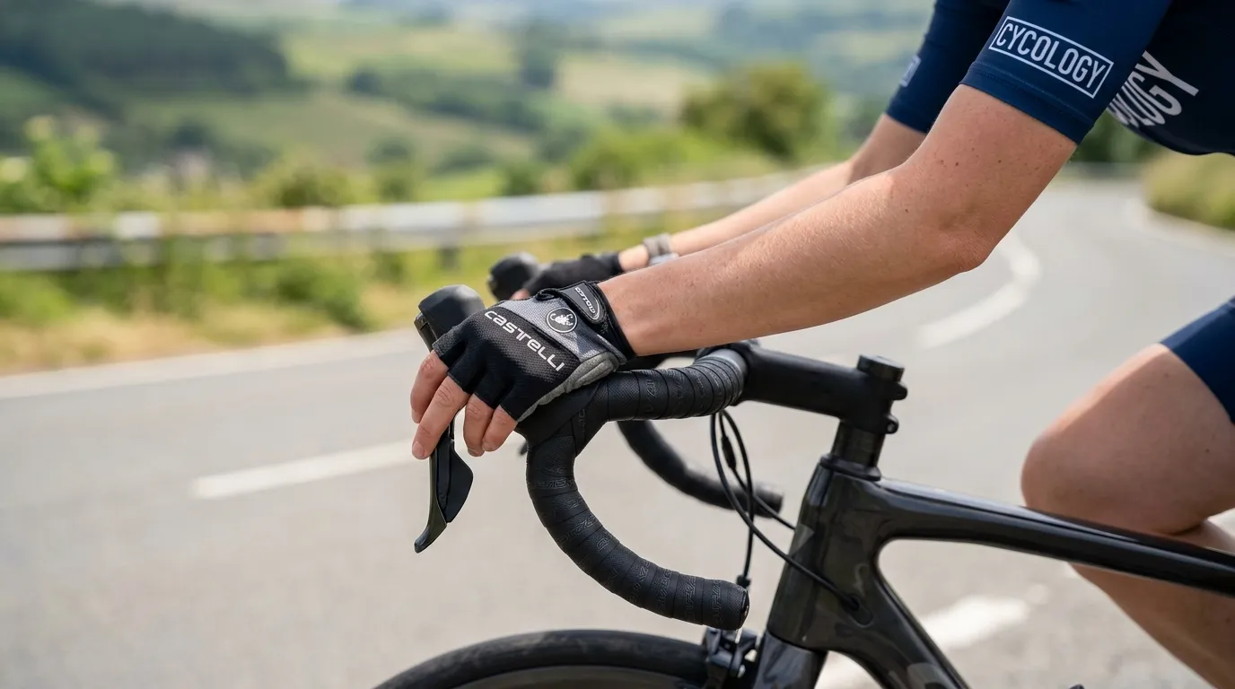 Close-up of a cyclist's hands on road bike brake hoods showing straight, neutral wrist alignment with a slight inward angle