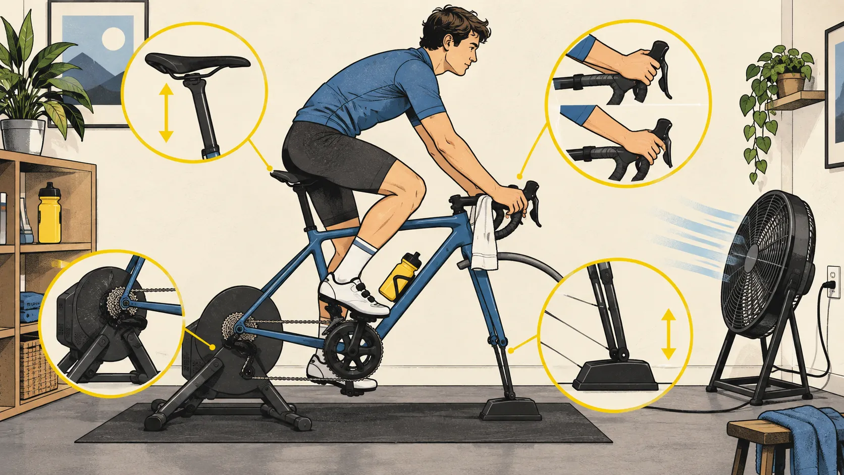 An indoor cyclist on a securely mounted direct-drive trainer with a level front wheel, strong fan, water, towel, and alternate hand positions