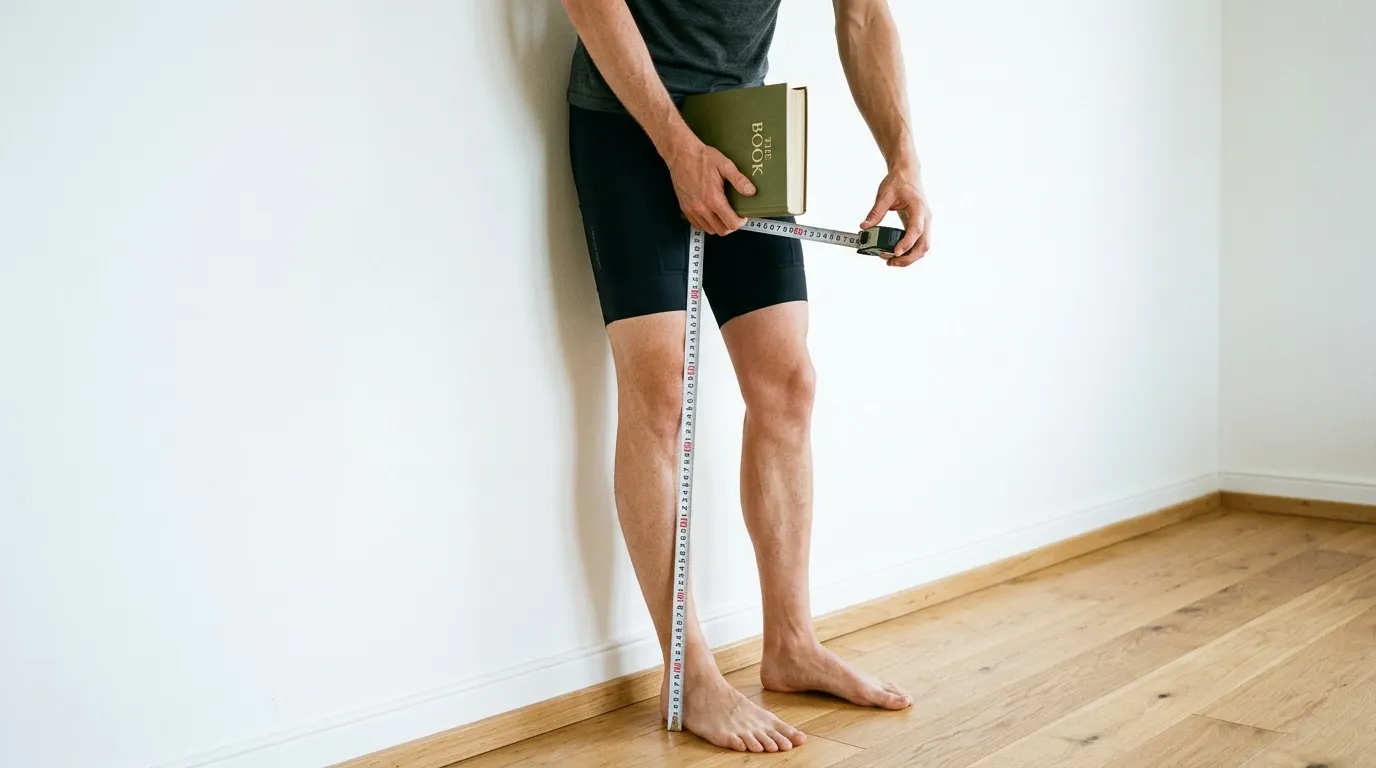 Cyclist standing against a wall measuring pubic bone height (inseam) with a hardcover book pulled firmly upwards and a tape measure