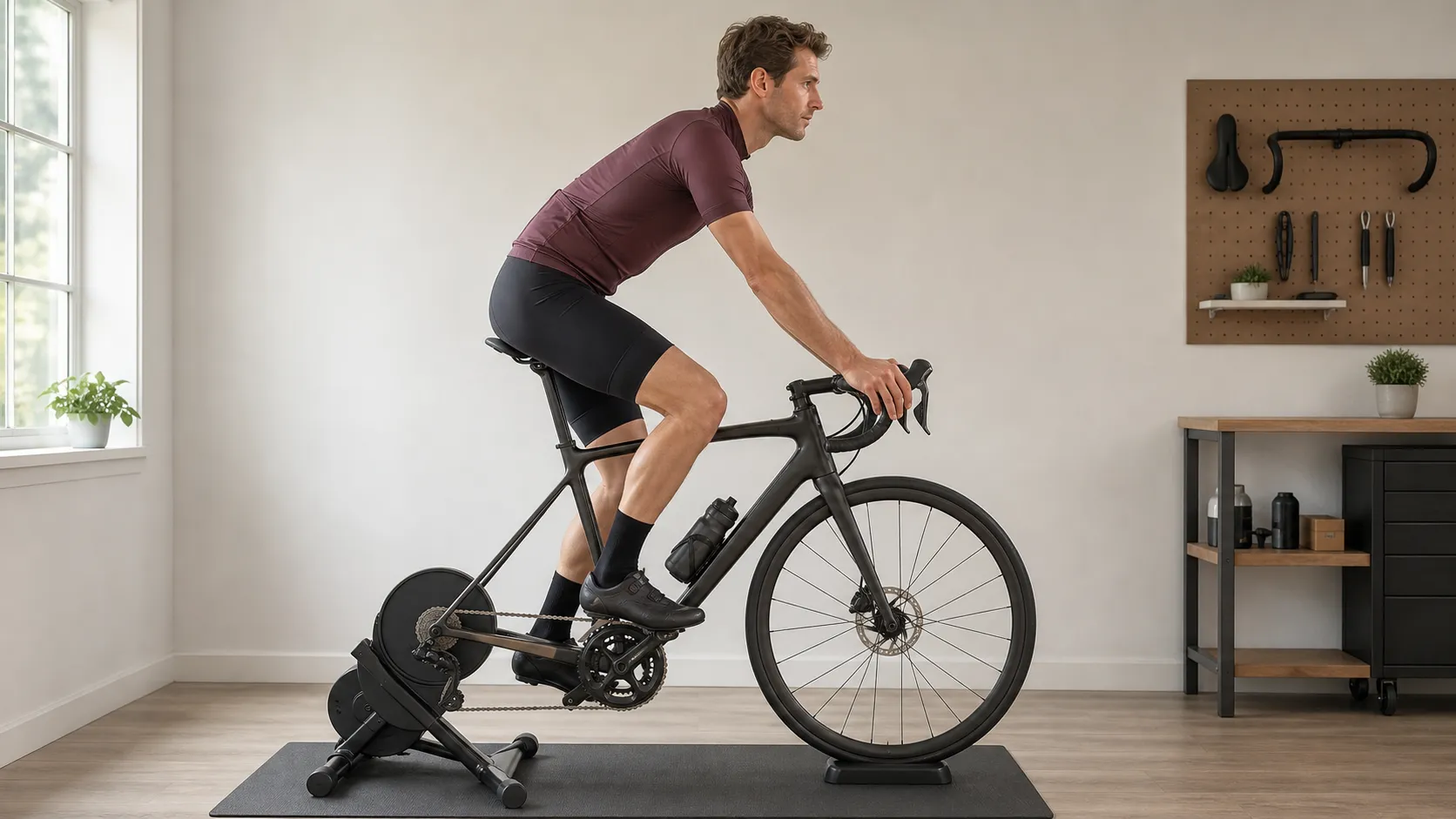 A beginner road cyclist on a stationary trainer checks reach, elbow bend, shoulder position, saddle support, and pedal access on a road bike