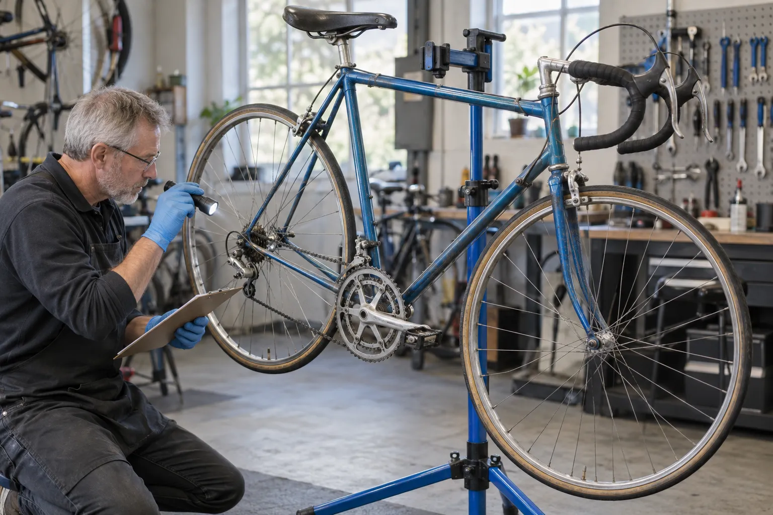 A mechanic inspecting an older rim-brake road bike in a repair stand with a flashlight and checklist