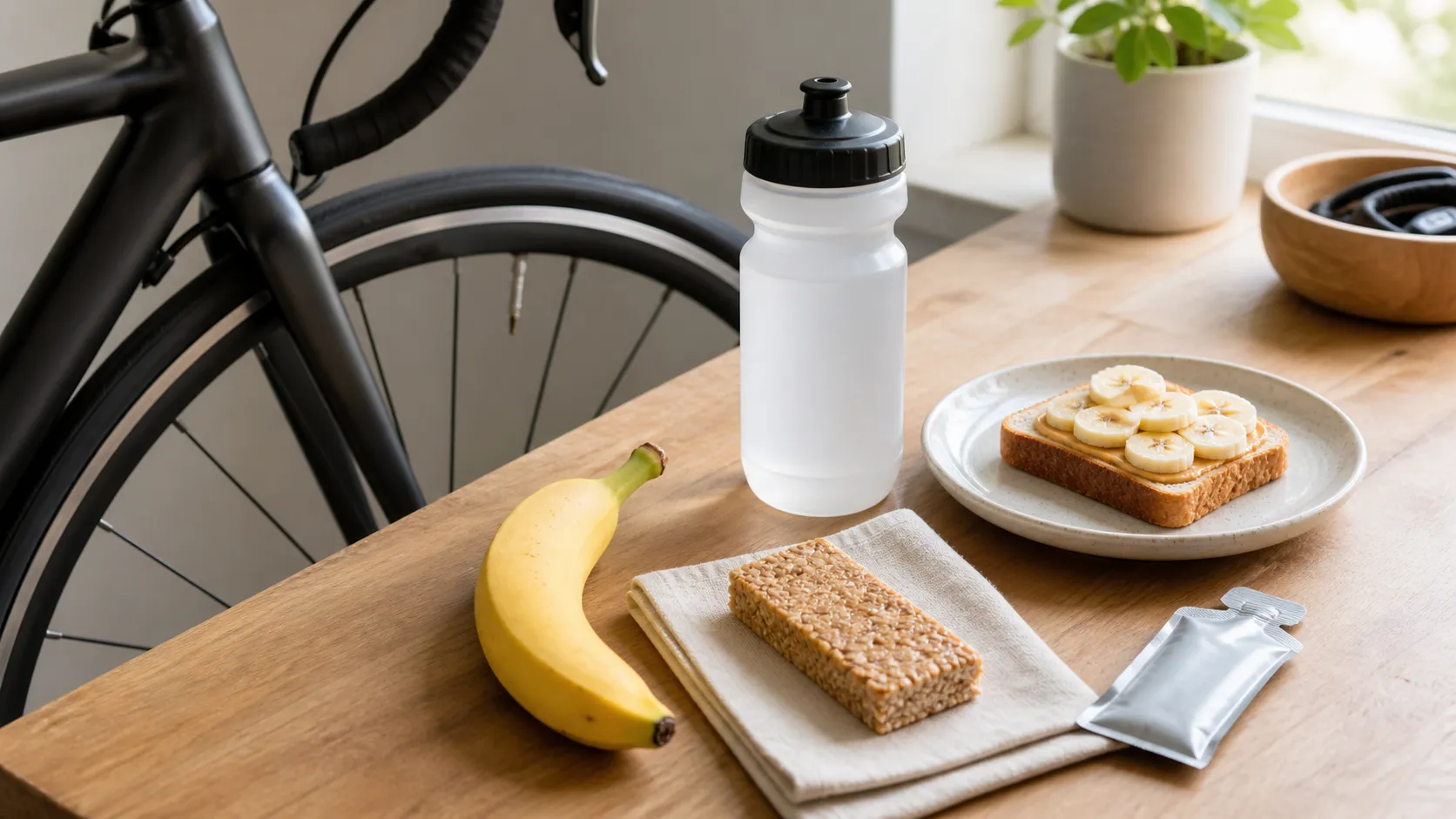 A beginner one-hour ride setup with a road bike wheel, water bottle, banana, toast, cereal bar, and an optional unbranded gel packet