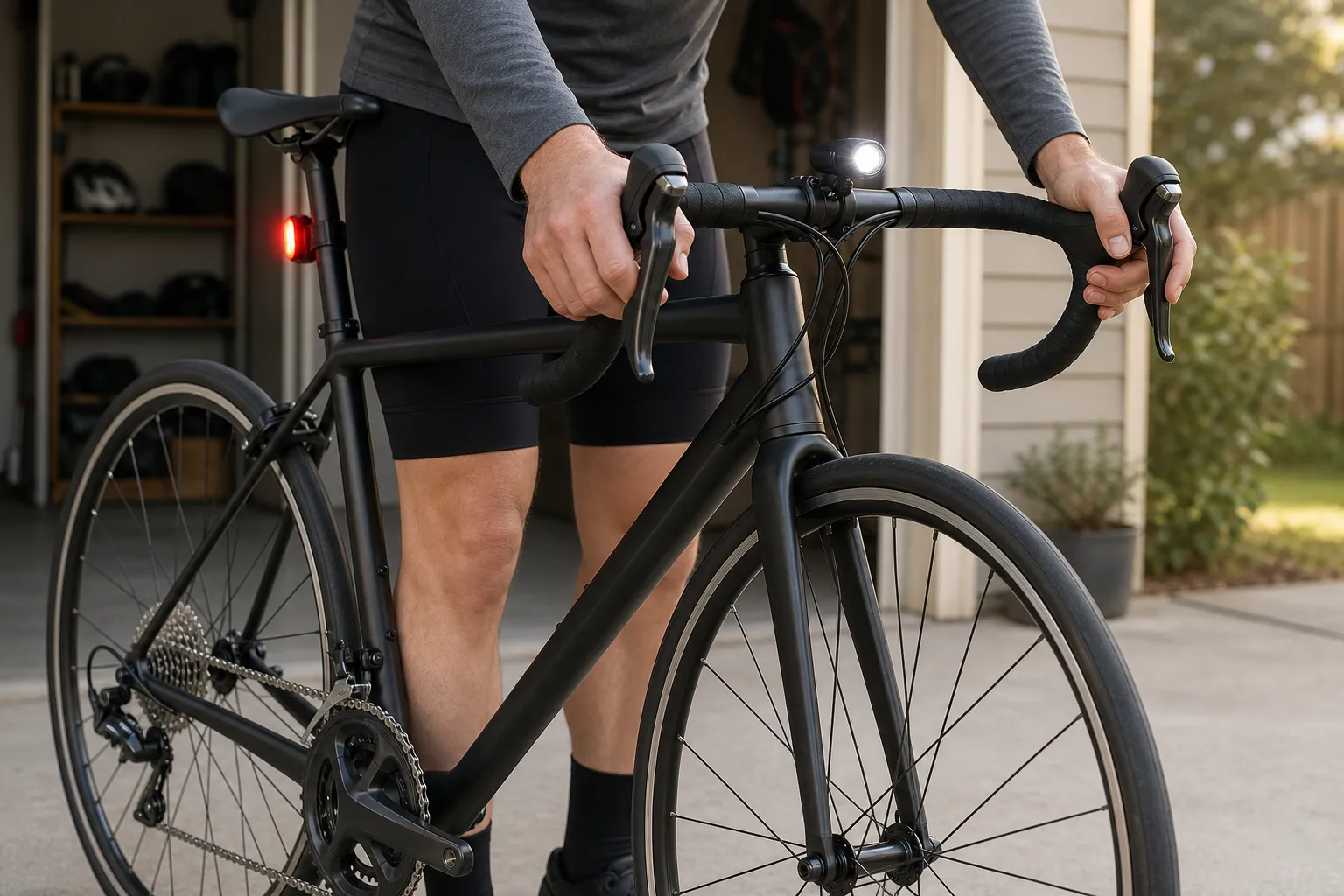 A beginner road cyclist checks brake lever feel on an unbranded road bike with lights on and the chain, cassette, crank, and wheels visible