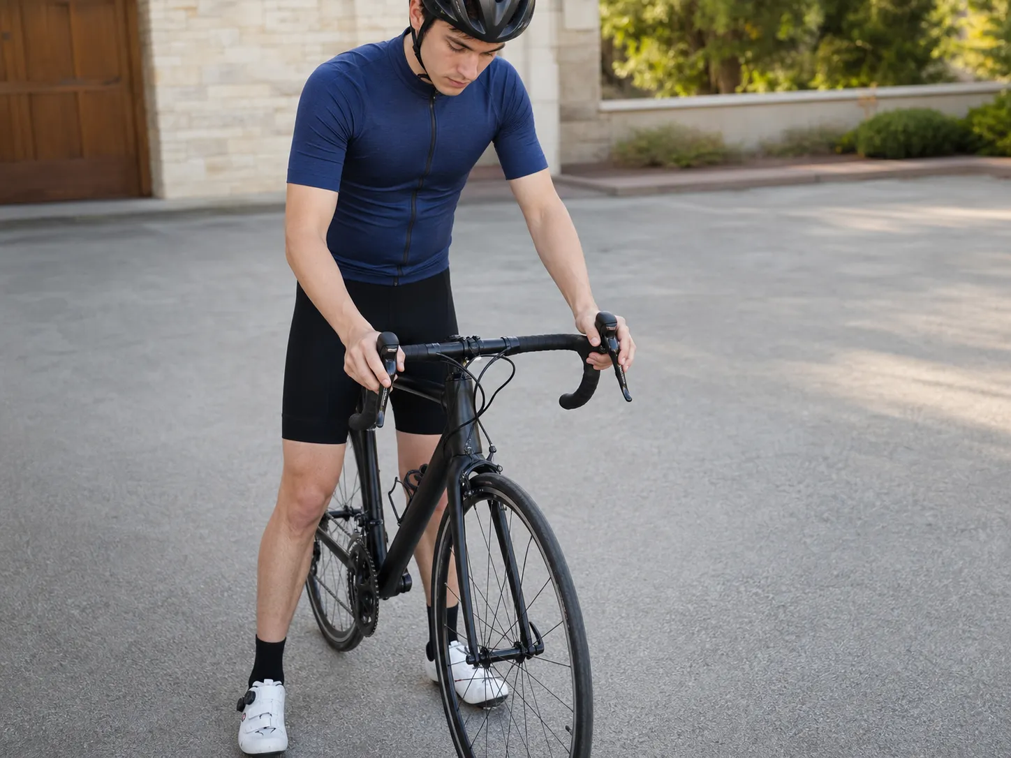 A helmeted beginner road cyclist stands over a road bike and squeezes both brake levers before riding