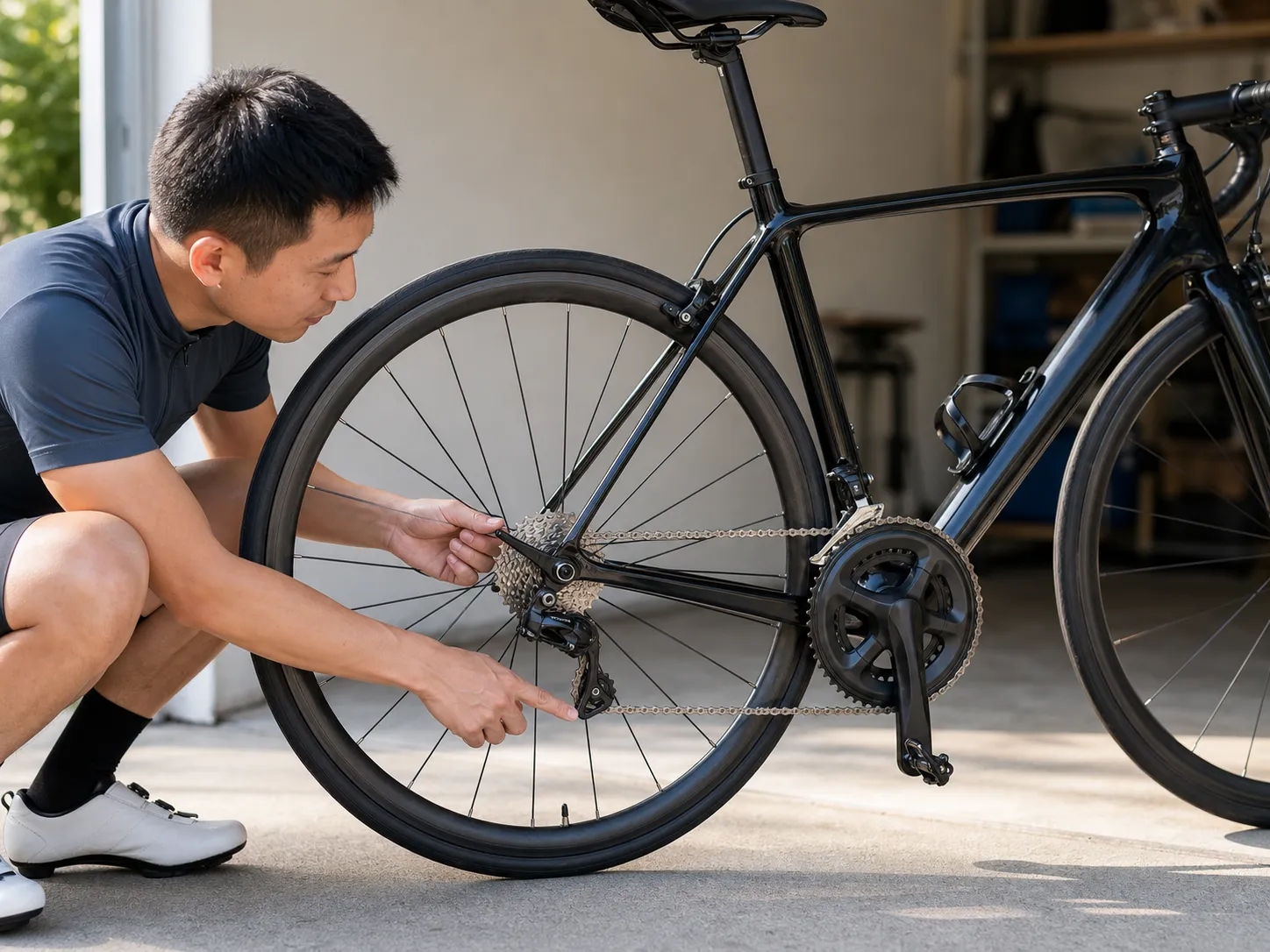 A beginner road cyclist crouches beside a road bike to check the chain, cassette, rear derailleur, and rear wheel fastening before a ride