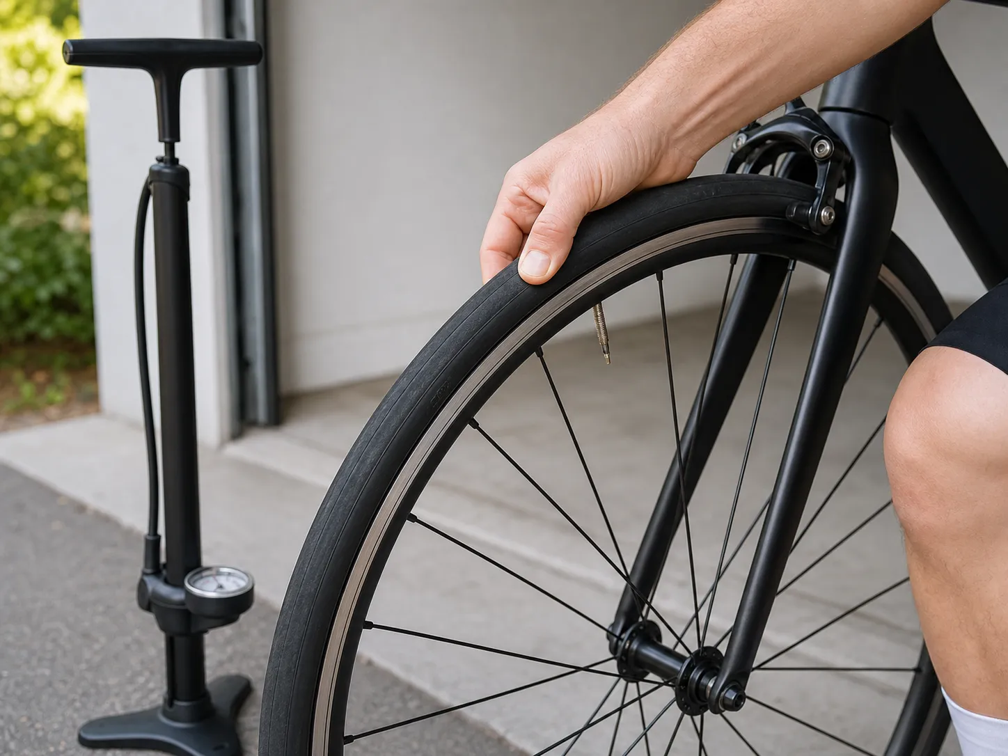 A beginner road cyclist squeezes a road bike front tyre beside a floor pump before a ride
