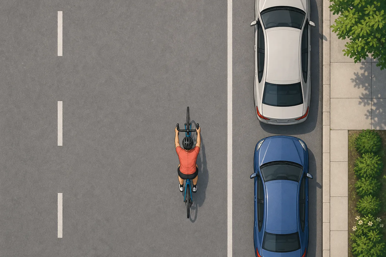 Top-down view of a helmeted road cyclist holding a steady line with clear space from parked cars on a quiet street
