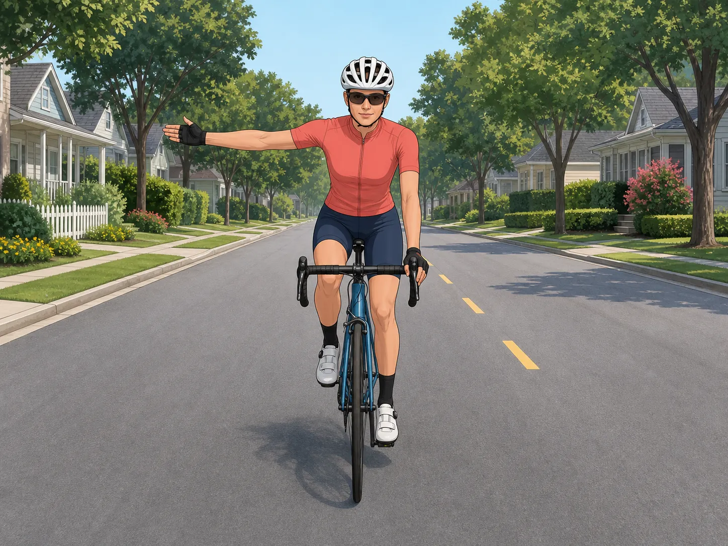 A helmeted road cyclist rides in a steady straight line on a quiet residential street while giving an early hand signal