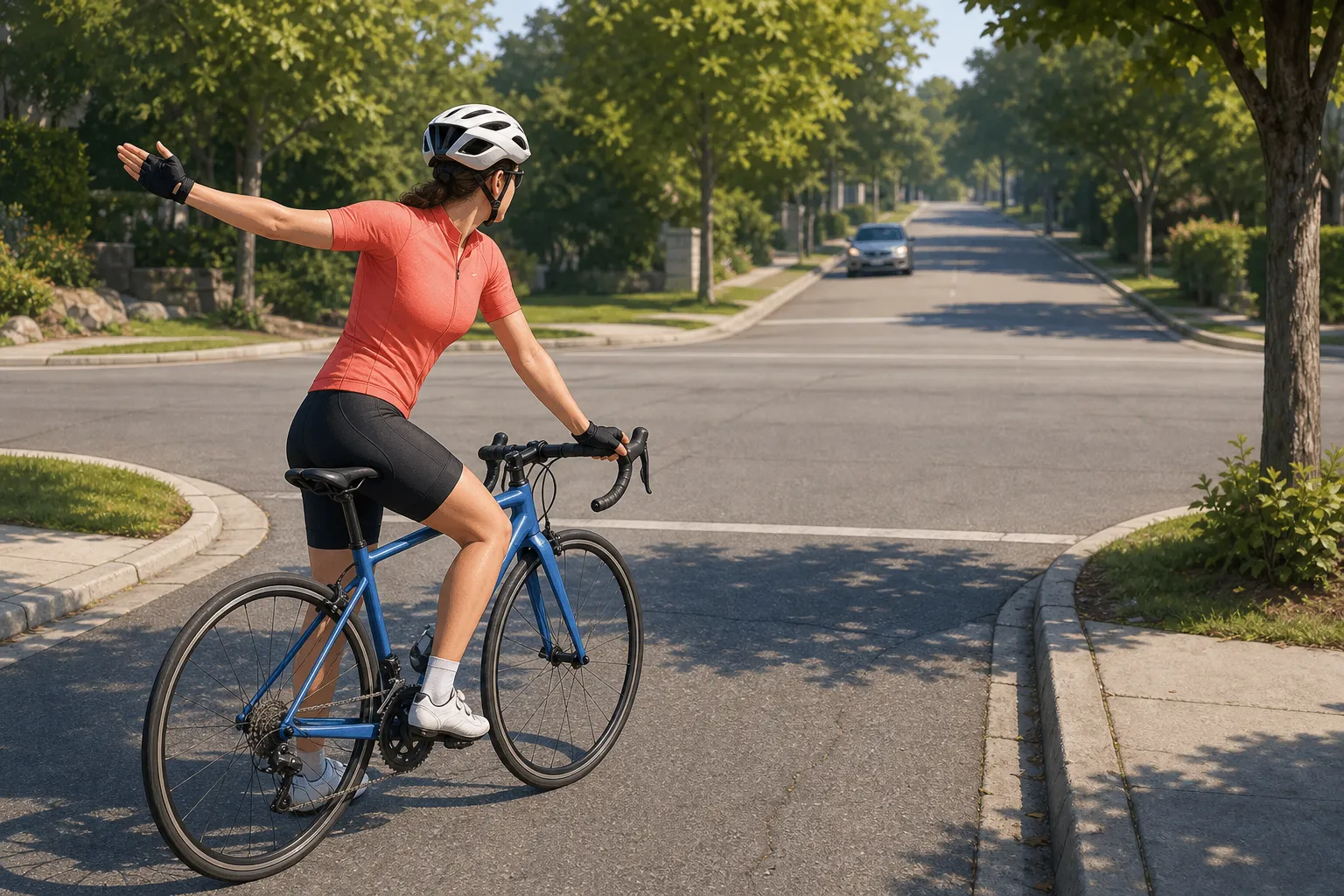 A helmeted road cyclist waits at a quiet intersection, looks over a shoulder, and signals before turning while a distant car leaves space