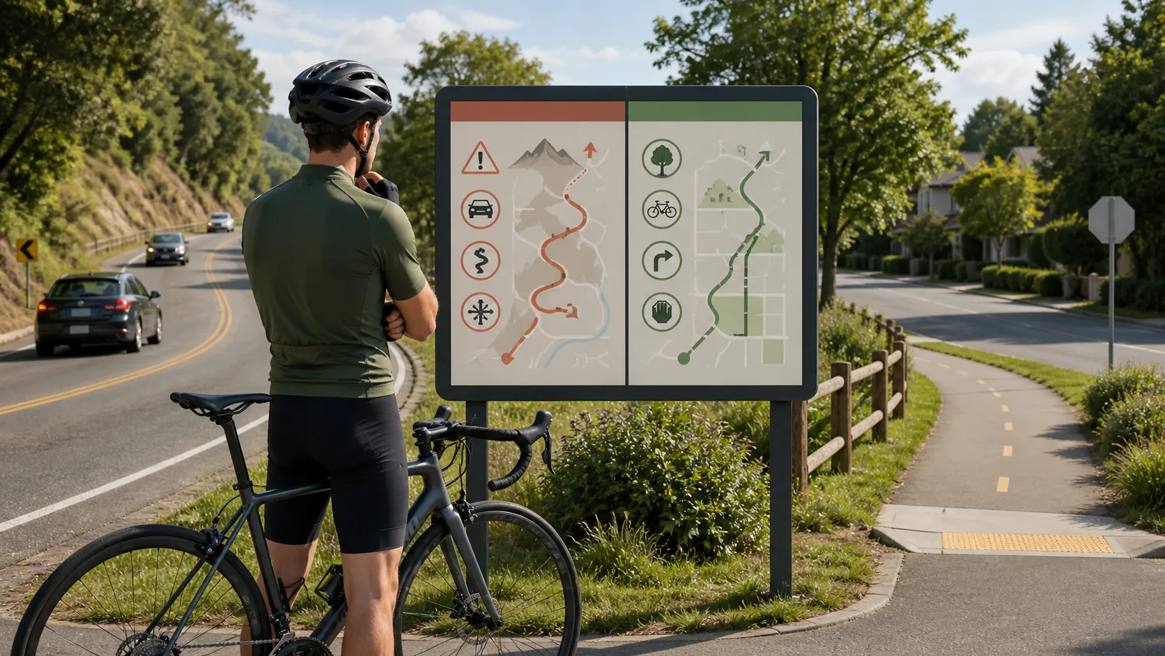 A beginner road cyclist compares a scenic but stressful route with a calmer route using a map-style board beside an unbranded road bike