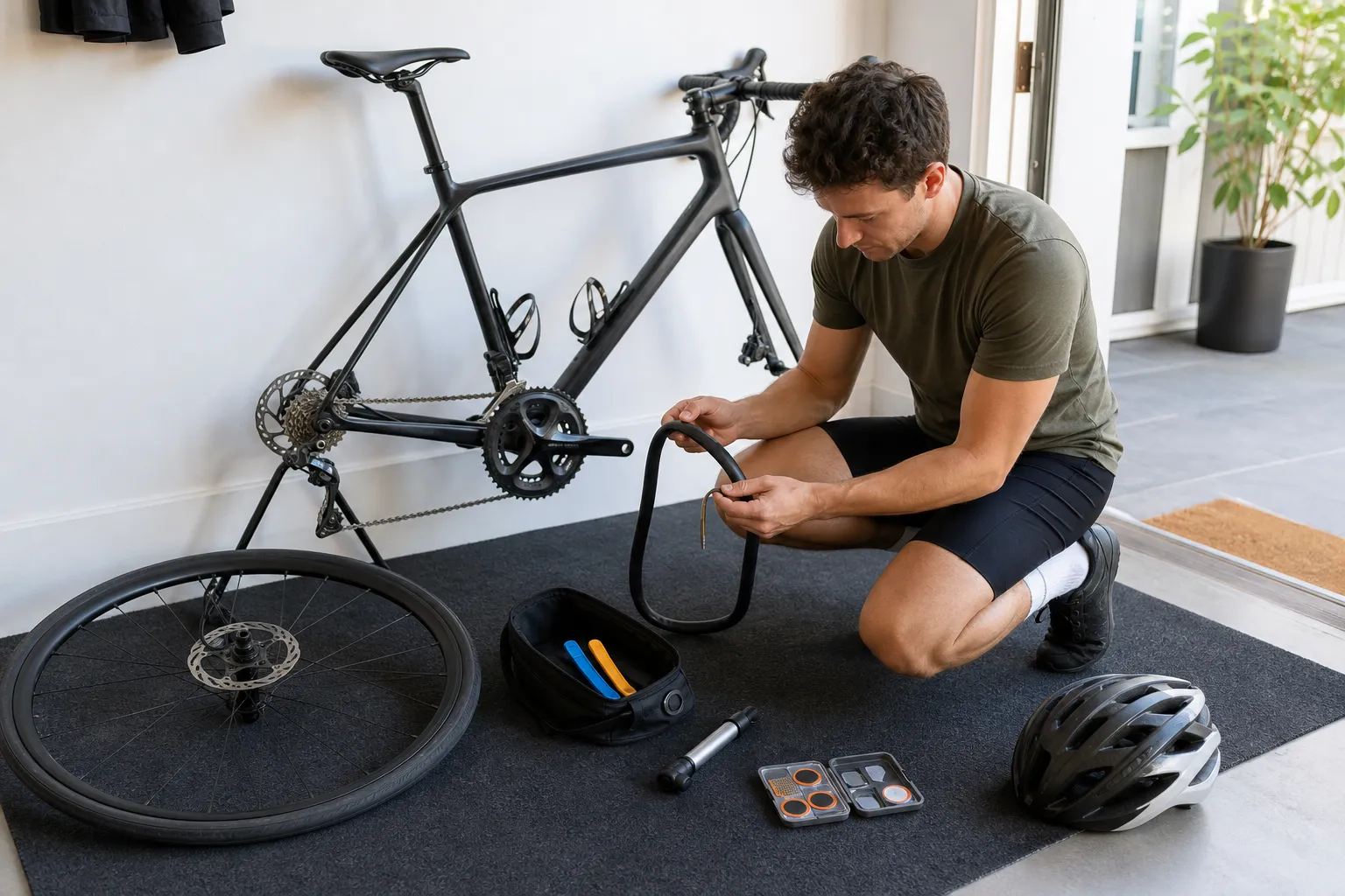 A beginner road cyclist practises a puncture repair at home with a wheel removed, tyre levers, spare tube, mini pump, patch kit, helmet, and saddle bag laid out on a mat