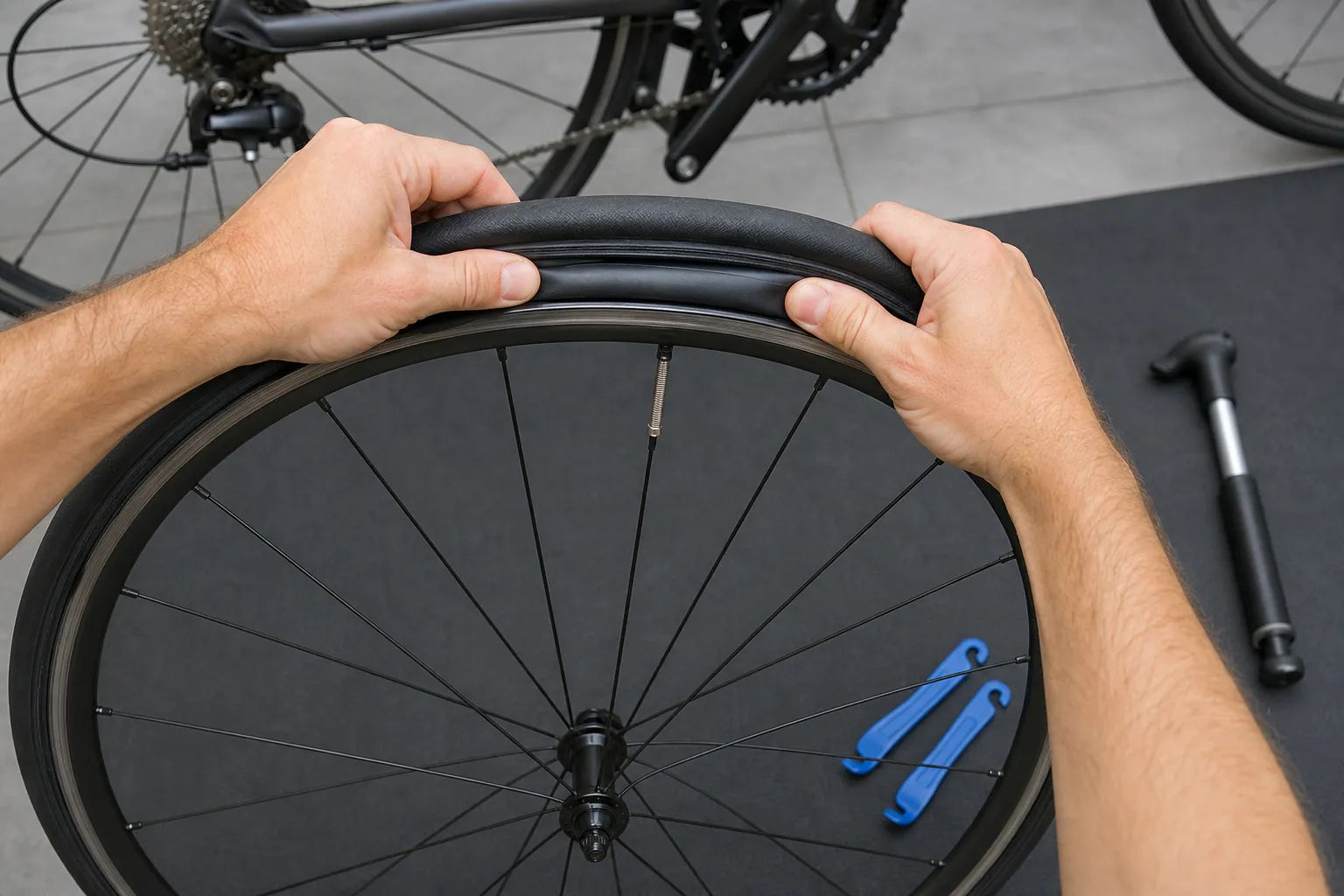 Hands pushing a road-bike tyre bead back onto the rim with a slightly inflated inner tube inside, one Presta valve visible, blue tyre levers and a mini pump nearby
