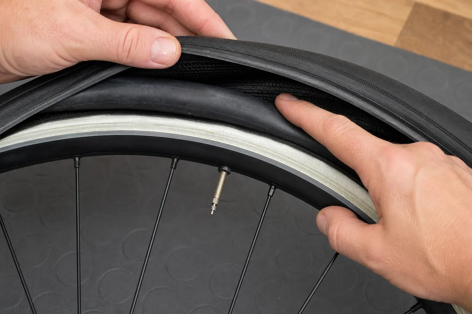 Close view of hands inspecting the inside of a narrow road-bike tyre with a partially removed bead, visible inner tube, rim tape, spokes, and Presta valve