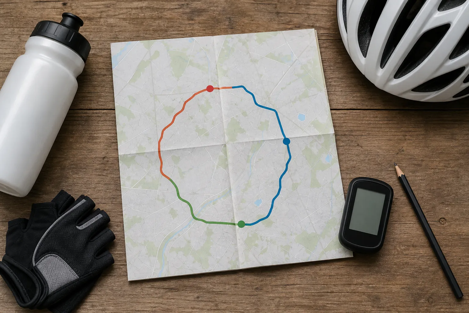 A simple loop route map with colored markers sits beside a blank bike computer, helmet, water bottle, gloves, and pencil for tracking repeat beginner rides