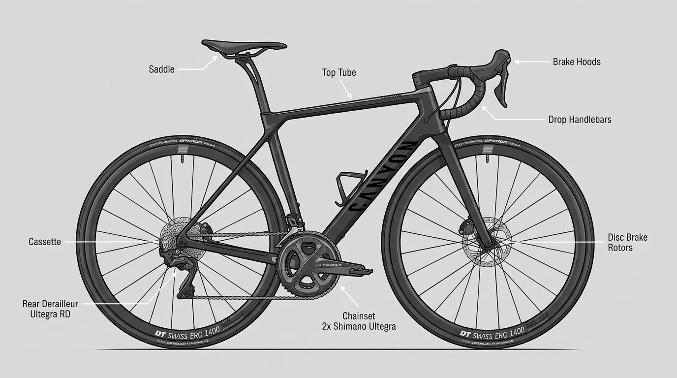 A detailed technical side-view diagram of a modern road bicycle with callout labels highlighting saddle, top tube, brake hoods, drop handlebars, disc brake rotors, chainset, cassette, and rear derailleur