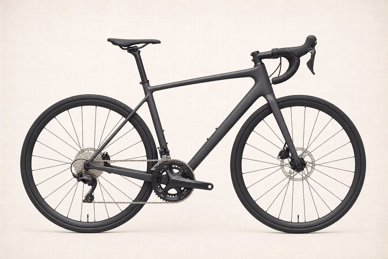 A charcoal road bike viewed from the side