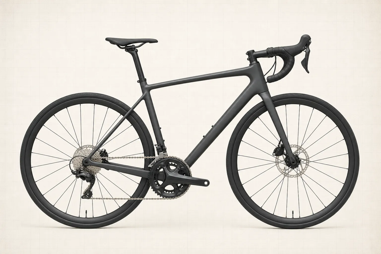 A charcoal road bicycle viewed from the side