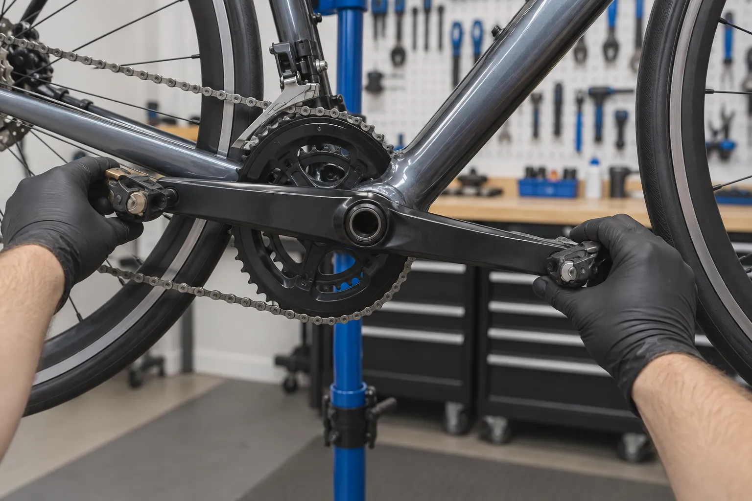 Gloved hands hold both road-bike crank arms while checking the crankset for lateral play in a repair stand