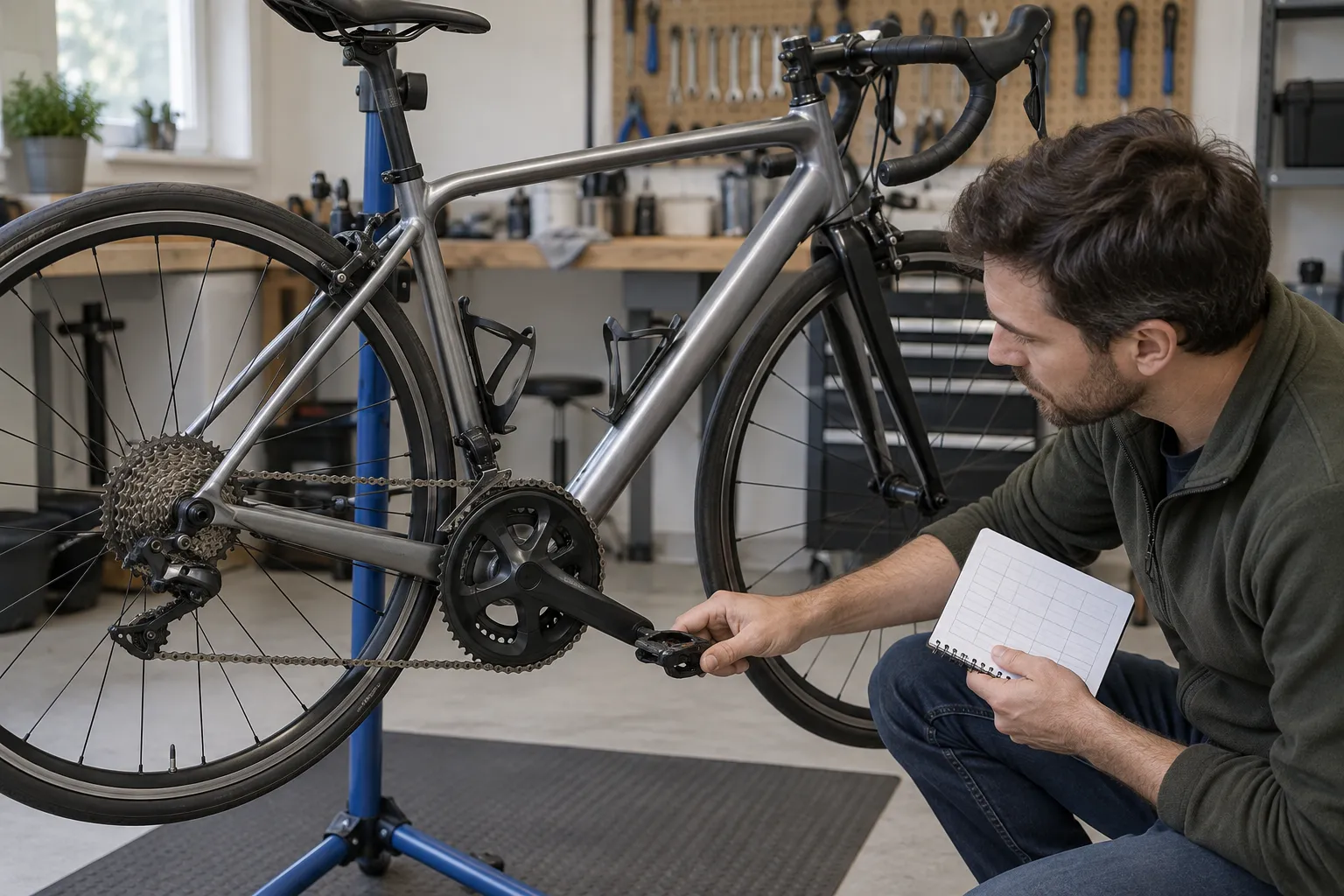 A rider checking a road bike pedal and crank while recording a creak diagnosis