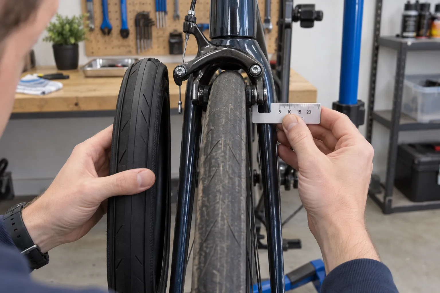 A rider compares a replacement road tyre with the mounted tyre and checks clearance beneath a rim-brake caliper