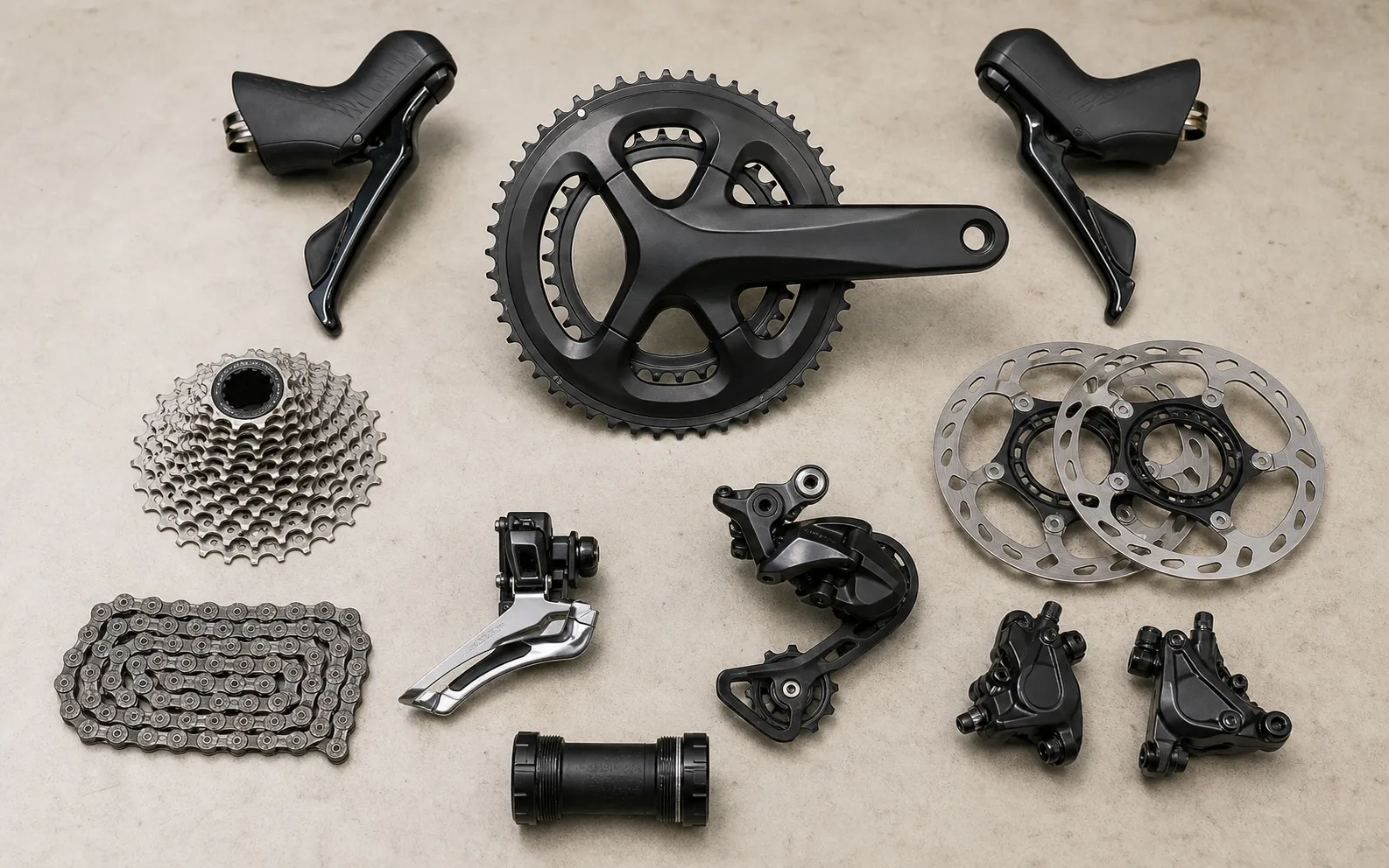 Unbranded road bike groupset parts laid out on a bench, including brake-shift levers, crankset, cassette, chain, derailleurs, disc rotors, calipers, and bottom bracket cups