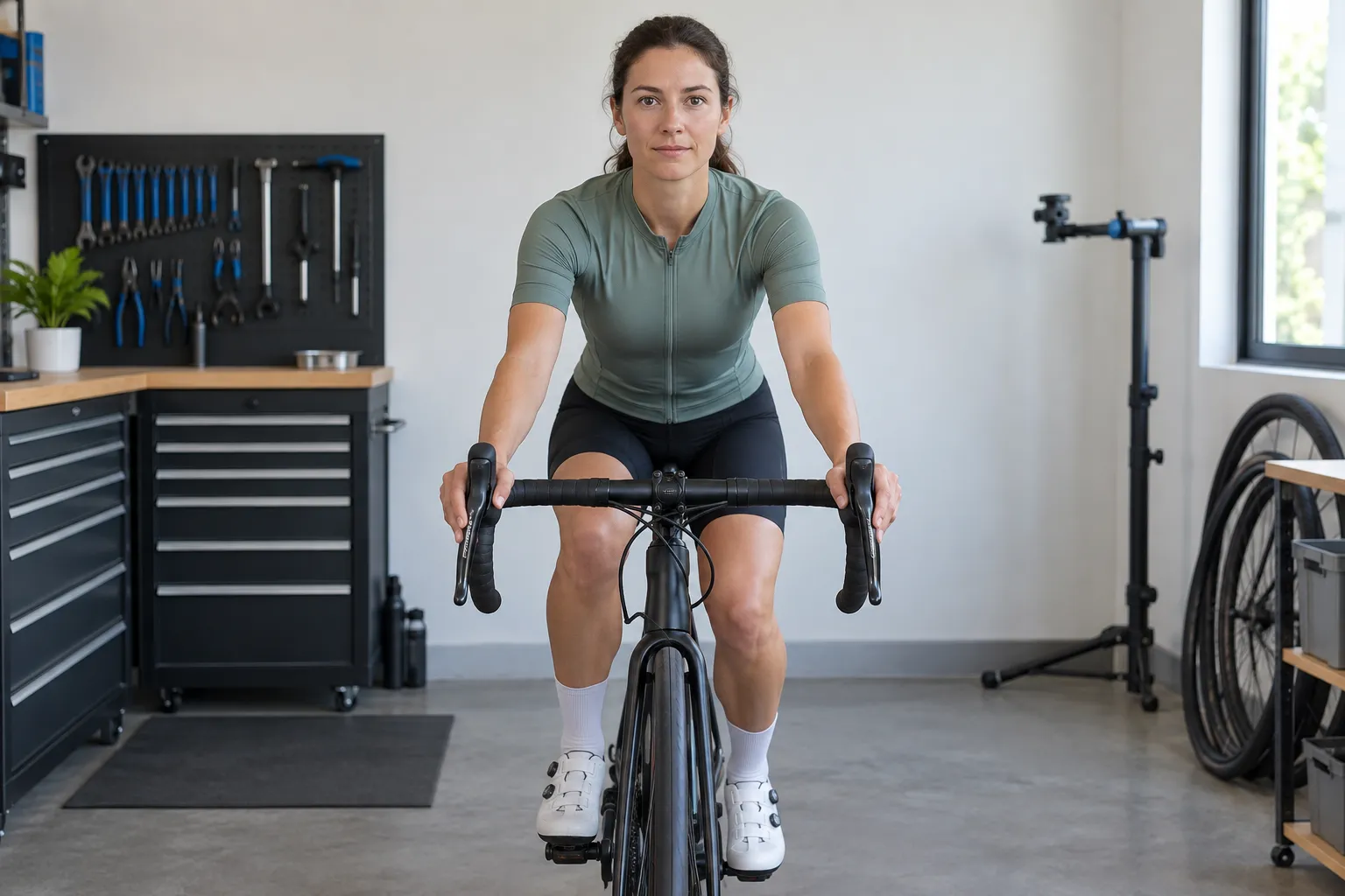 Front view of a road cyclist on the brake hoods, showing the relationship between shoulder width, wrists, elbows, and drop-bar width