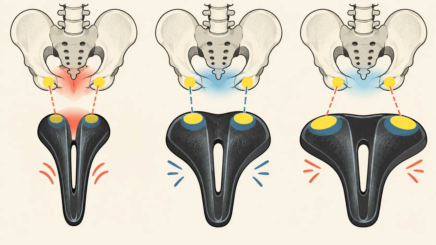 Three road saddles showing concentrated pressure on a narrow saddle, supported sit bones on a suitable width, and possible edge interference on an overly wide saddle