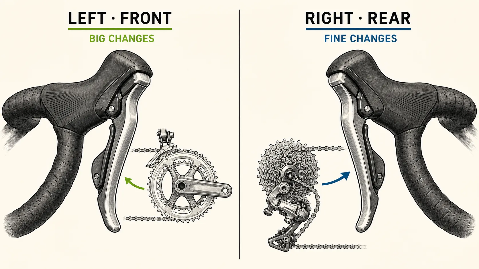 A labelled drop-bar cockpit shows the left and right road-bike brake and shift controls